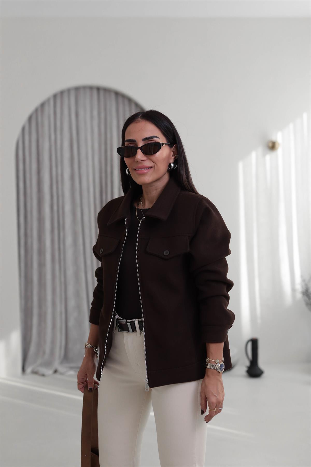 2806 Gömlek Yaka Detay Kaşe Ceket KAHVE