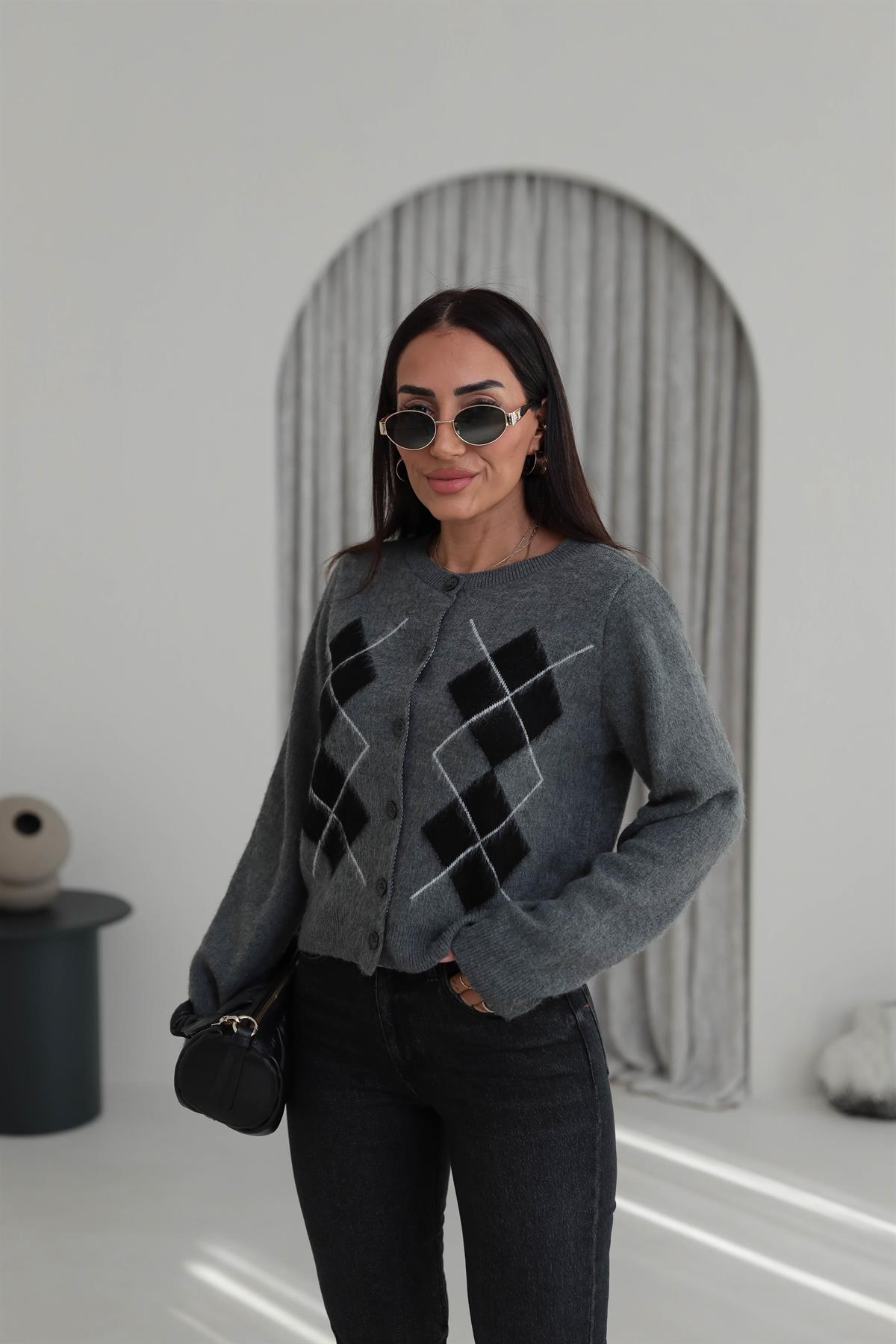 5263 Bisiklet Yaka Baklava Desen Massi Hırka GRİ