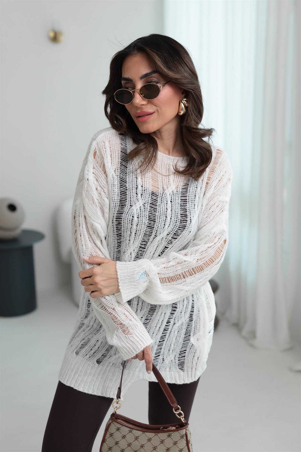 4134 Saç Örgülü Ajurlu Triko EKRU