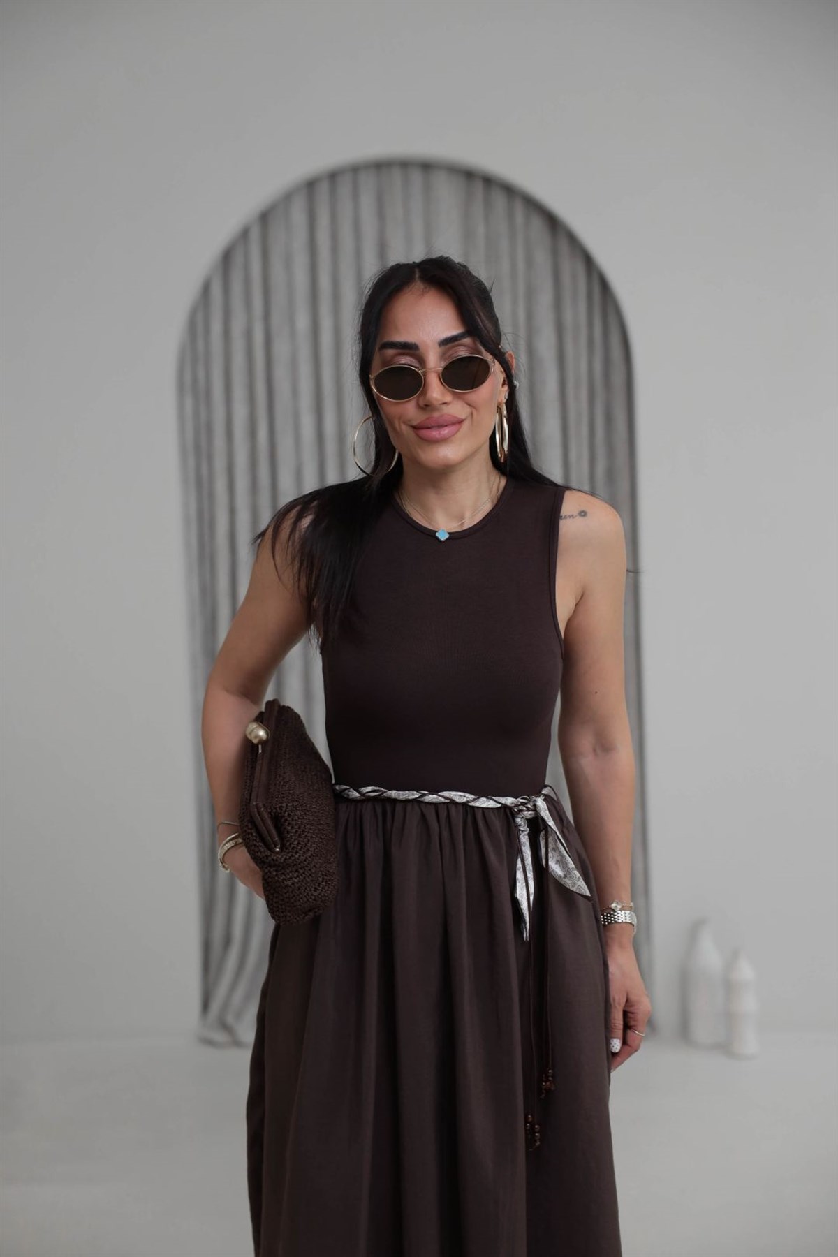 1801 Paraşüt Detaylı Kemerli Elbise KAHVE