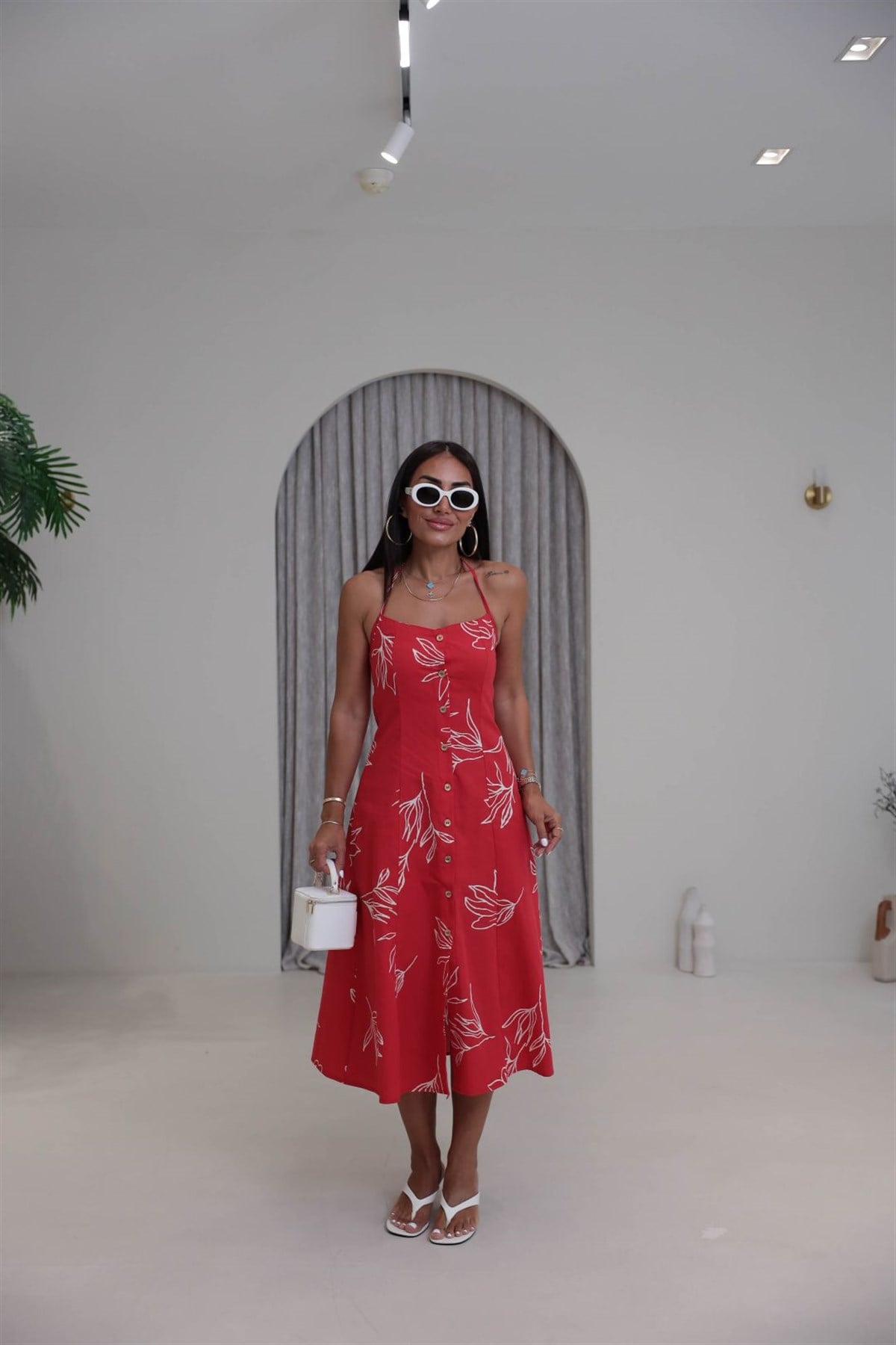 8303 Boyundan Bağlamalı Gold Düğmeli Elbise KIRMIZI