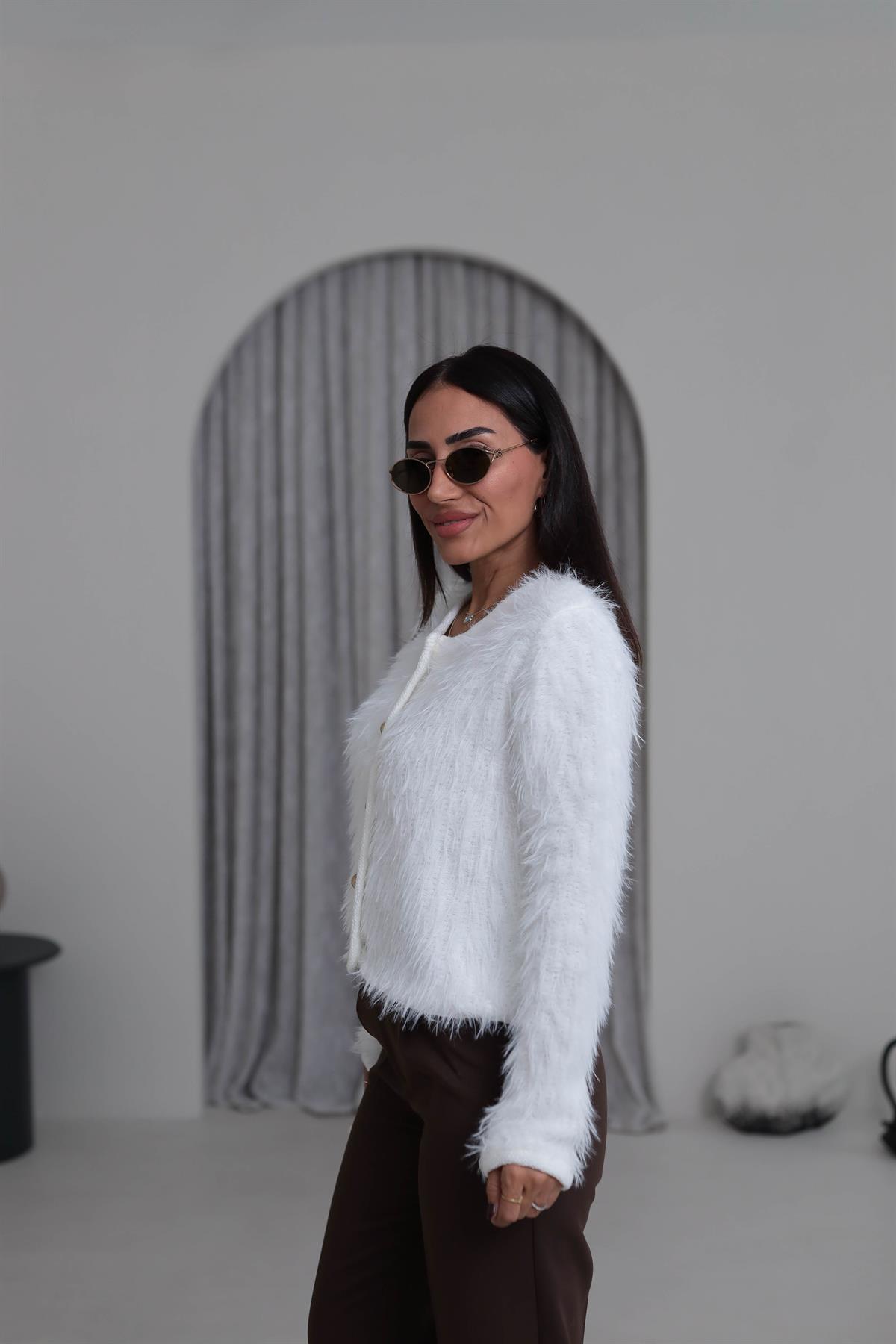 4938 Gold Düğme Detaylı Sakalı Hırka EKRU