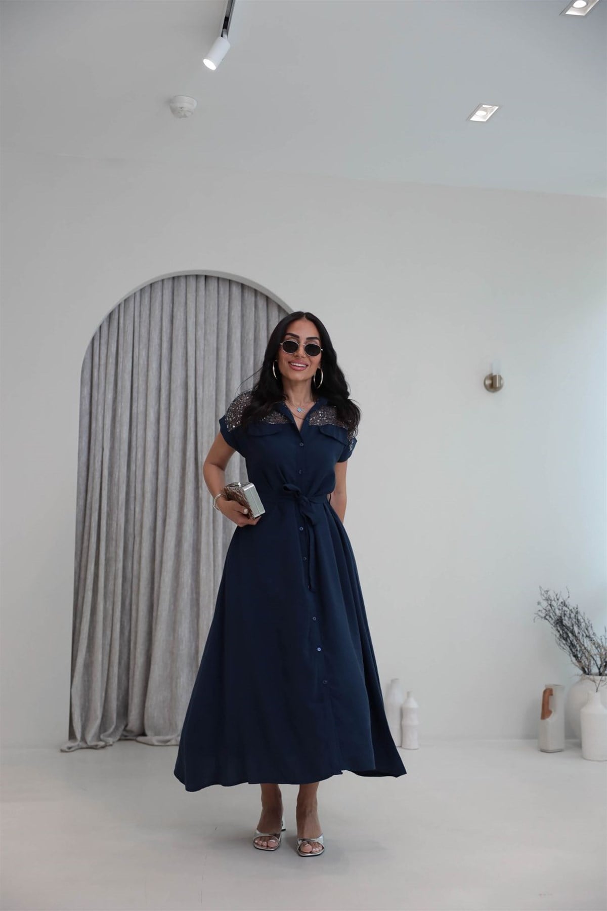 7184 Pul ve File Detaylı Tencel Kumaş Elbise LACİVERT