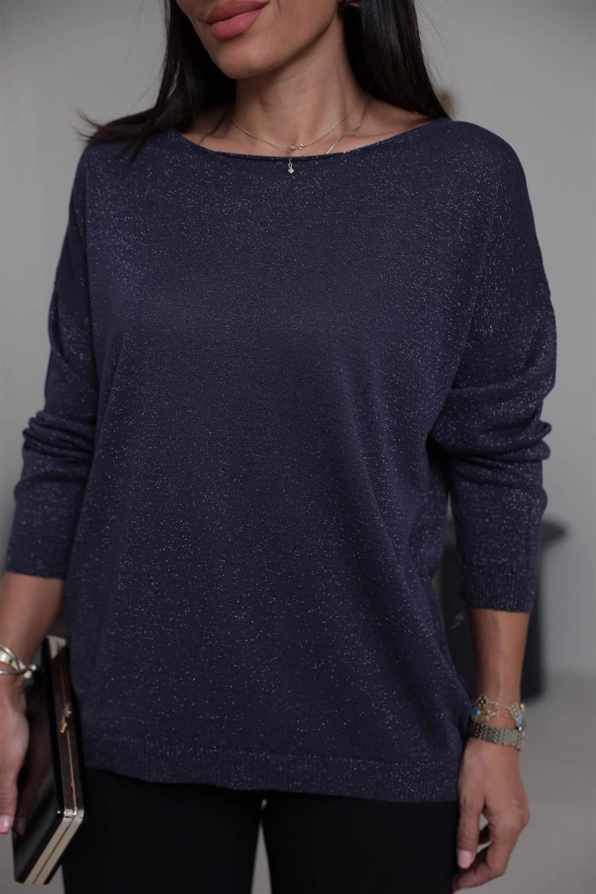 Kayık Yaka Simli Bluz FÜME