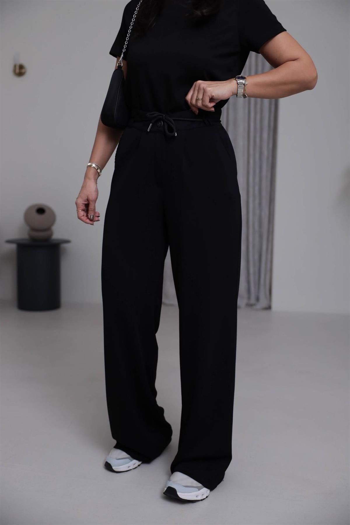 8009 Bel Lastikli İp Kemerli Oys Modal Pantolon SİYAH