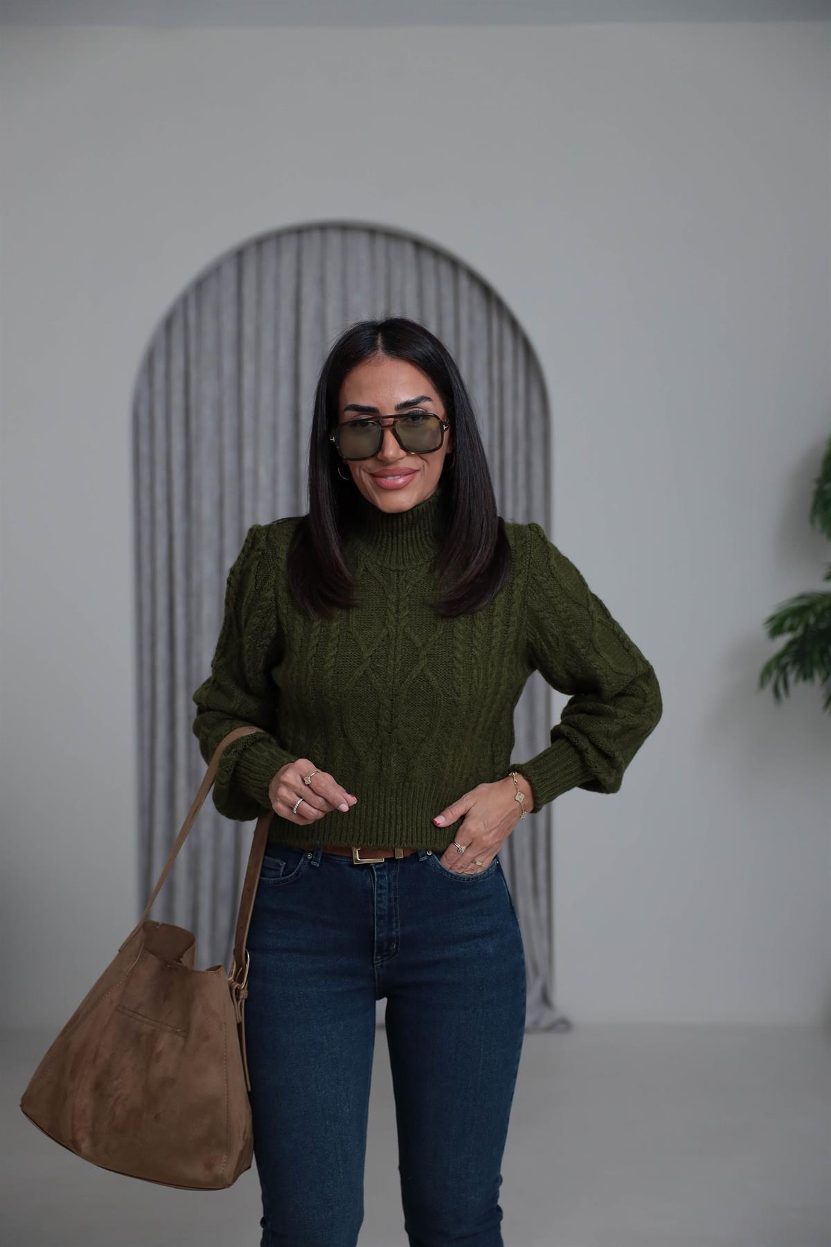 2549 Balıkçı Yaka Örgü Desen Kazak OLİVE