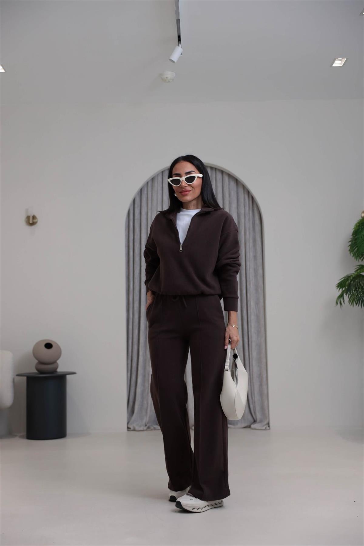 0122 Yarım Fermuarlı Tshirt Garnili Selanik Kumaş Takım KAHVE