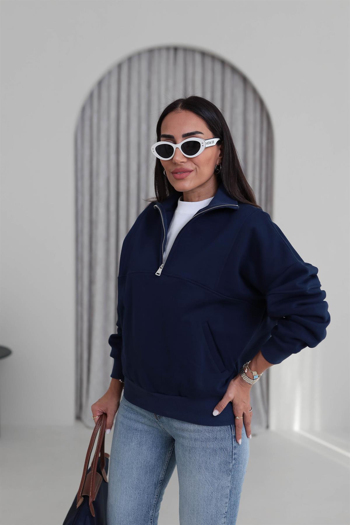 8745 Orj Marka Yarım Fermuarlı Cep Detaylı Sweatshirt LACİVERT