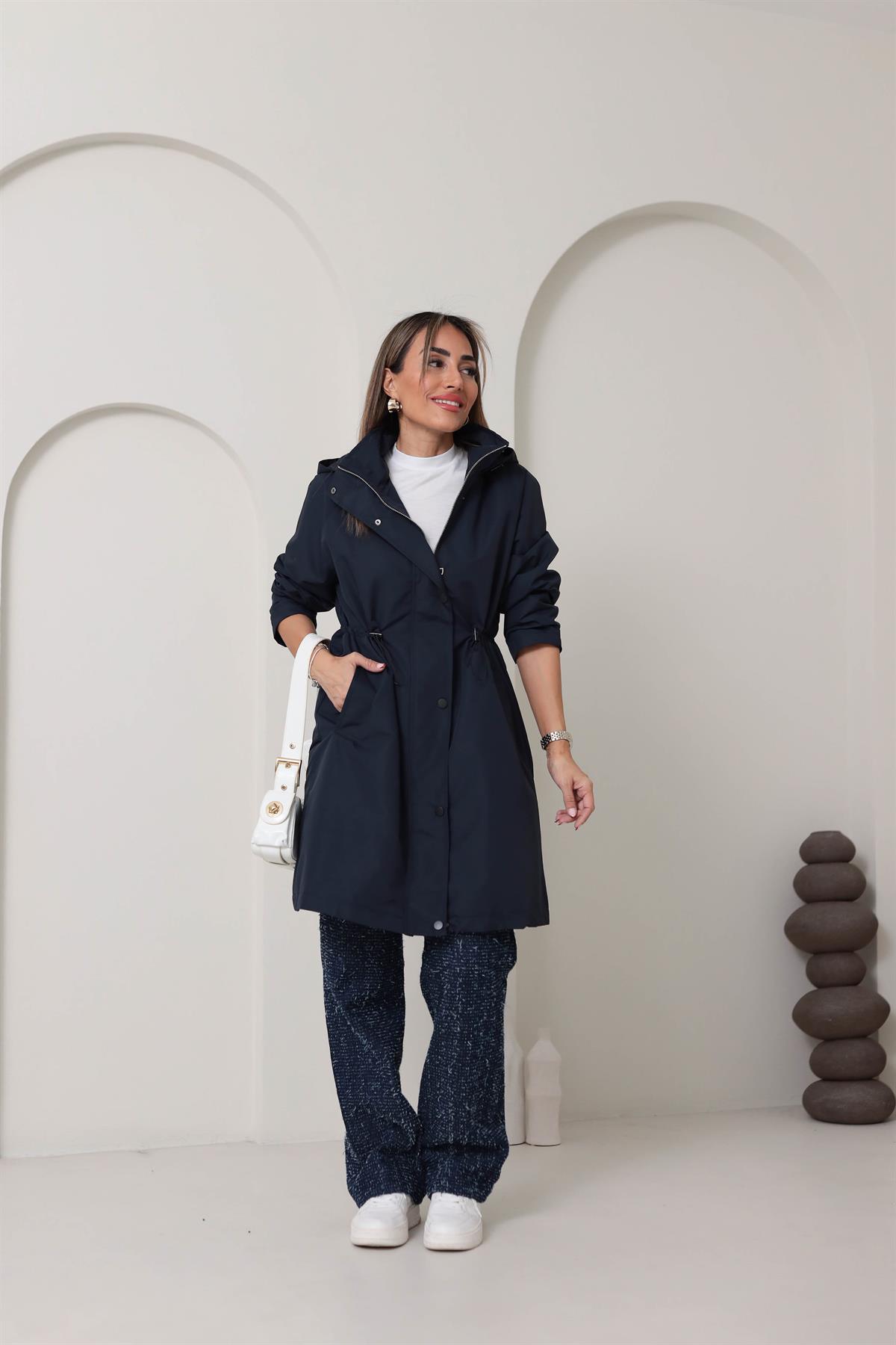 Bel Büzgülü Za Model Yağmurluk LACİVERT