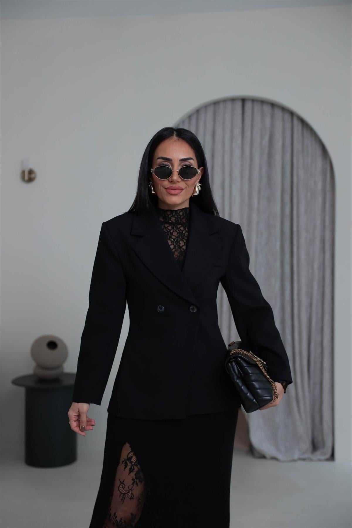 7685 Kruvaze Belden Oturtmalı Blazer Ceket SİYAH