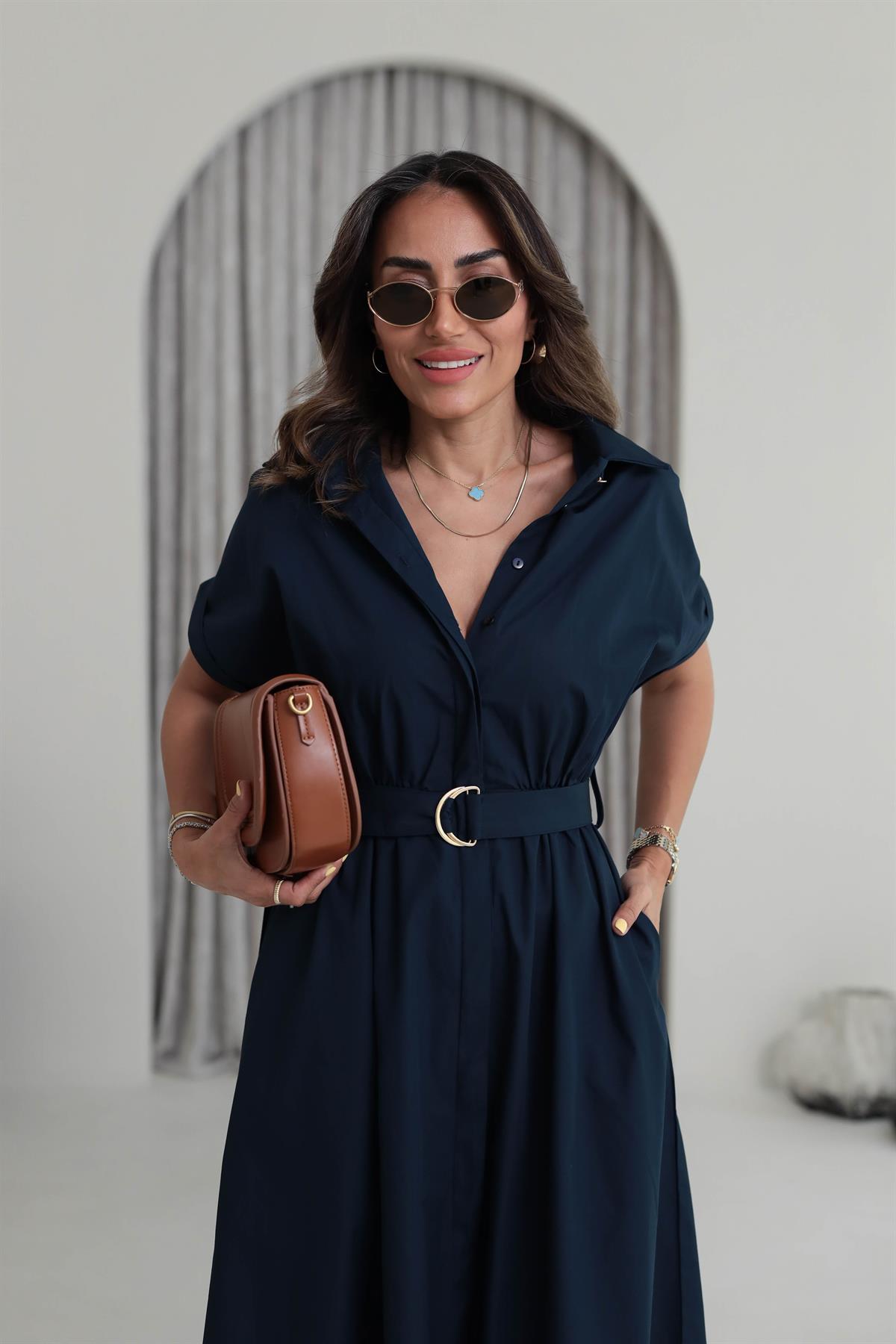 02075 Kısa Kol Kemerli Gömlek Elbise LACİVERT