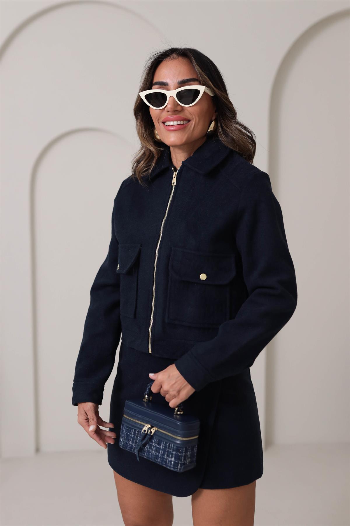 0089 Gold Düğmeli Cep Detaylı Fermuarlı Kaşe Ceket