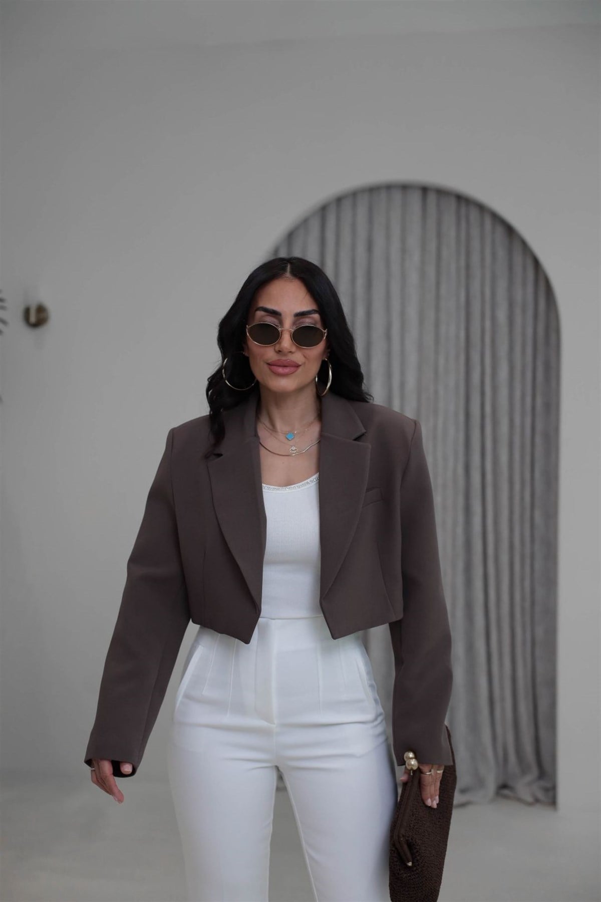 9704 Vatkalı Kısa Ceket KAHVE