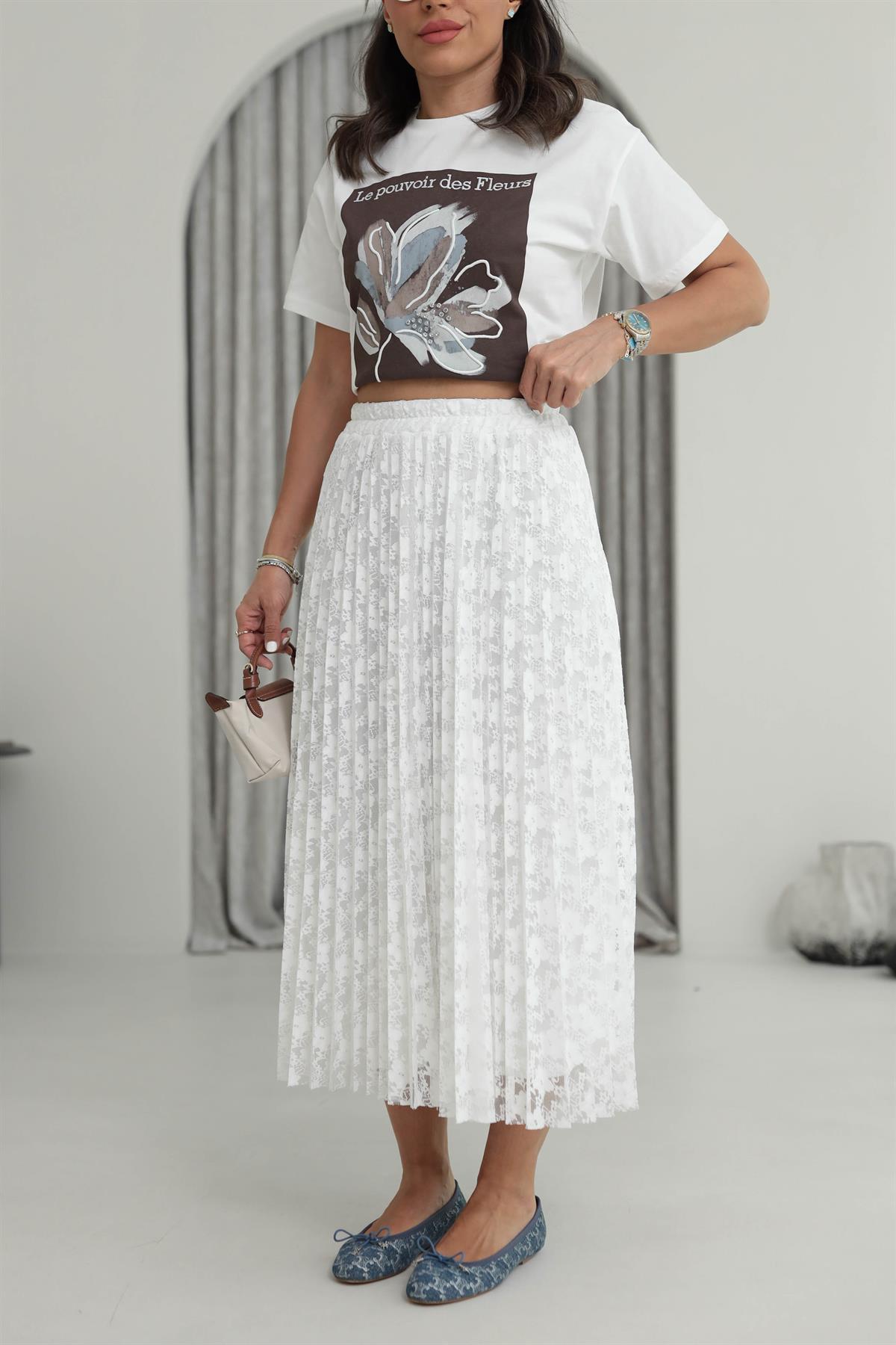 7206 Dantelli Pliseli Etek BEYAZ