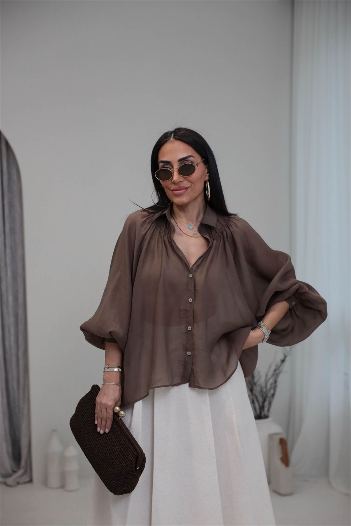 5018 Büzgü Detaylı Tencel Gömlek KAHVE