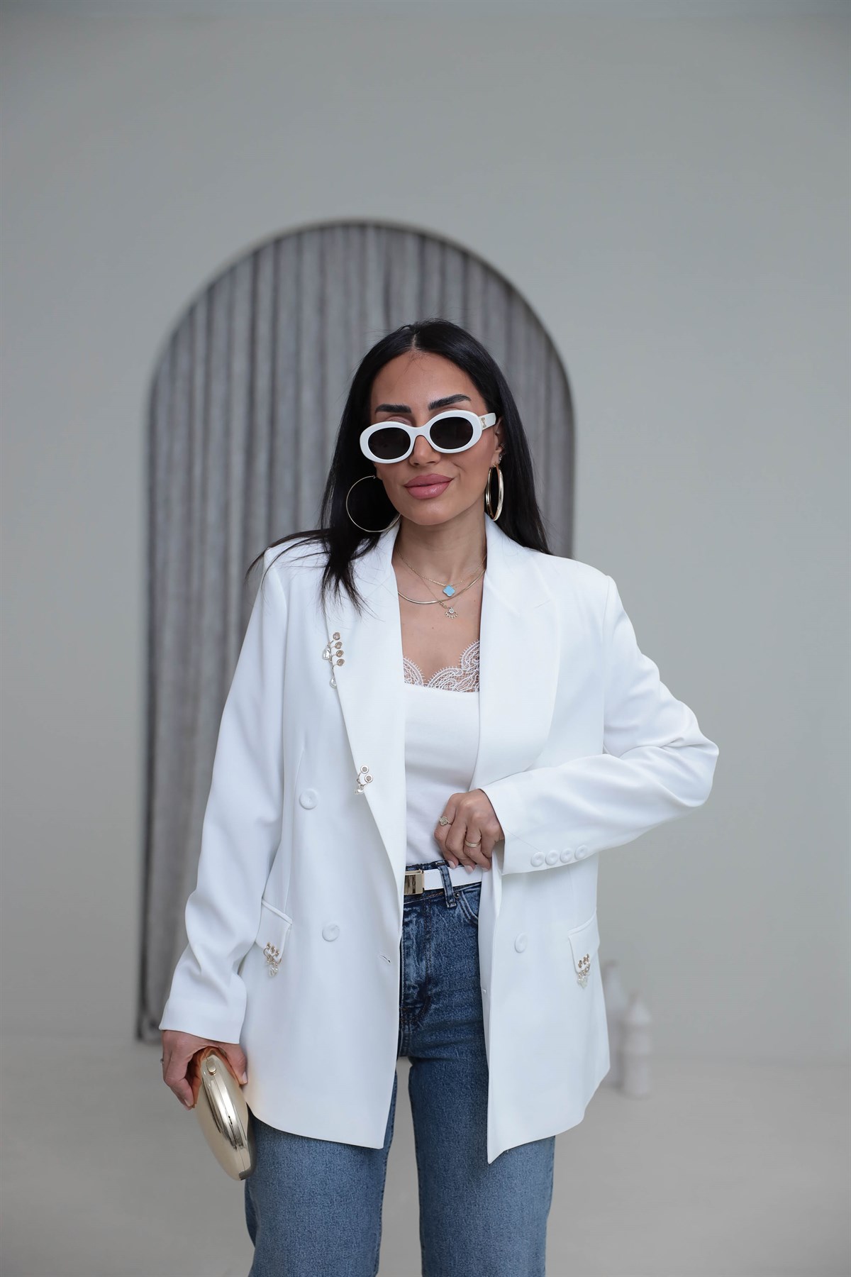 0756 Kuş Gözü Aksesuarlı Düğmeli Blazer Ceket EKRU