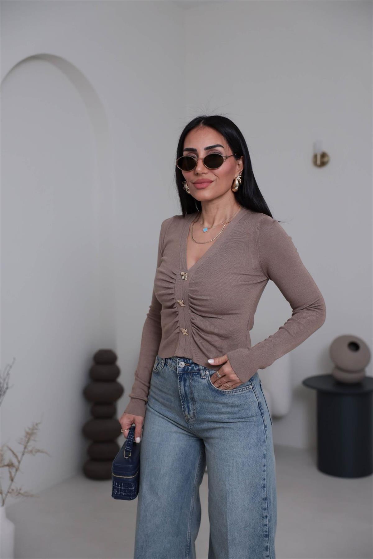 0805 Önü Büzgülü Düğme Detaylı Korsman Triko VİZON