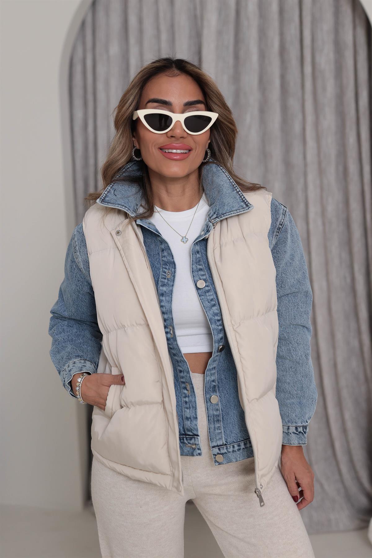 9423 Şişme Yelek Tasarımlı Kot Detaylı Mont TAŞ