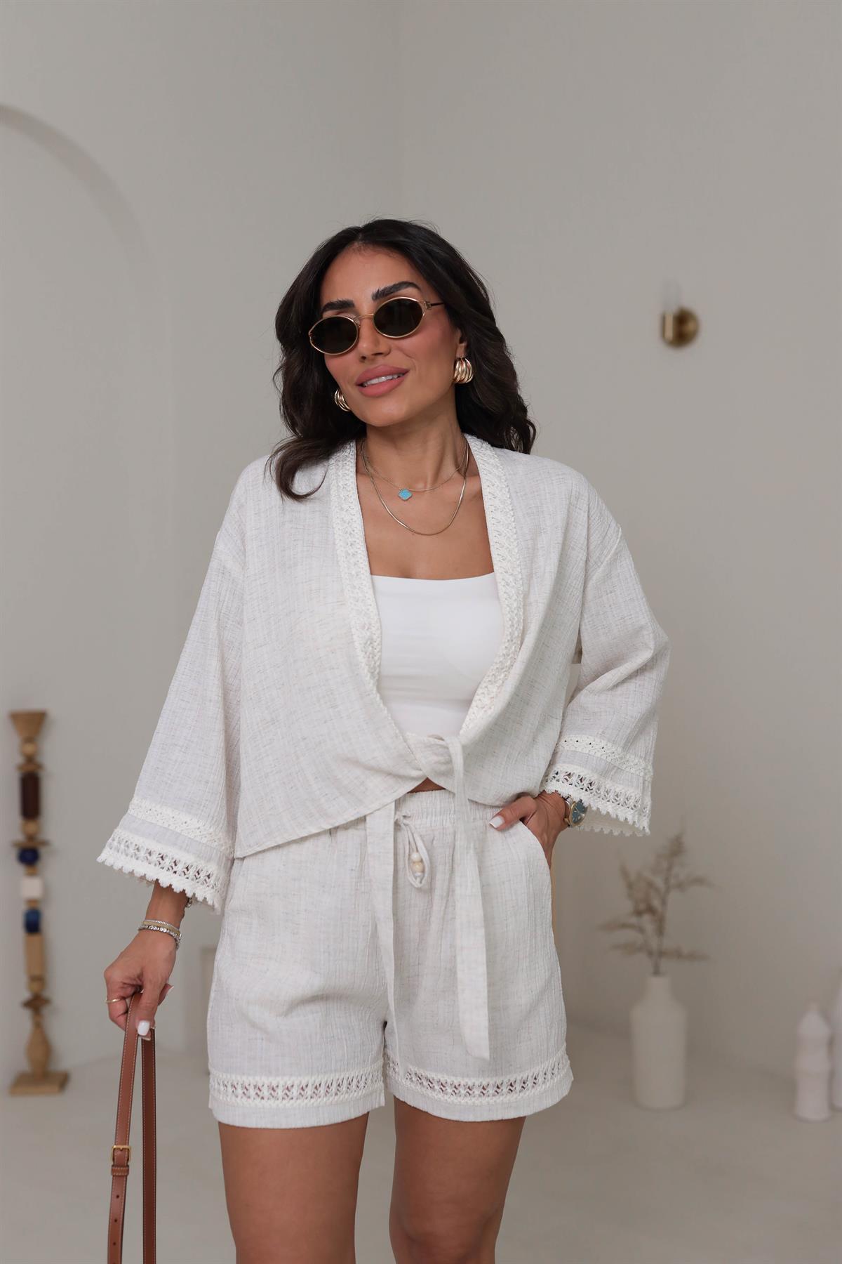 0357 İşlemeli Bel Bağlamalı Krinkıl Kimono NATURAL