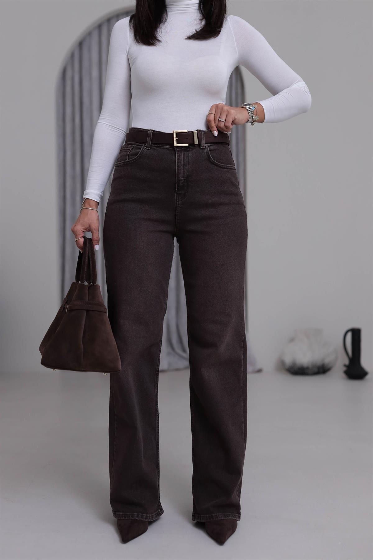 1071 Yüksek Bel Dökümlü Palazzo Jean ACI KAHVE