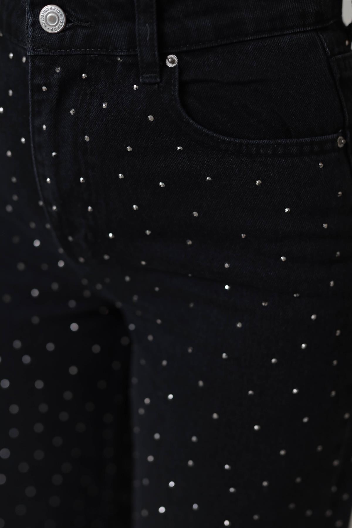 T1071 Yüksek Bel Taşlı Palazzo Jean FÜME