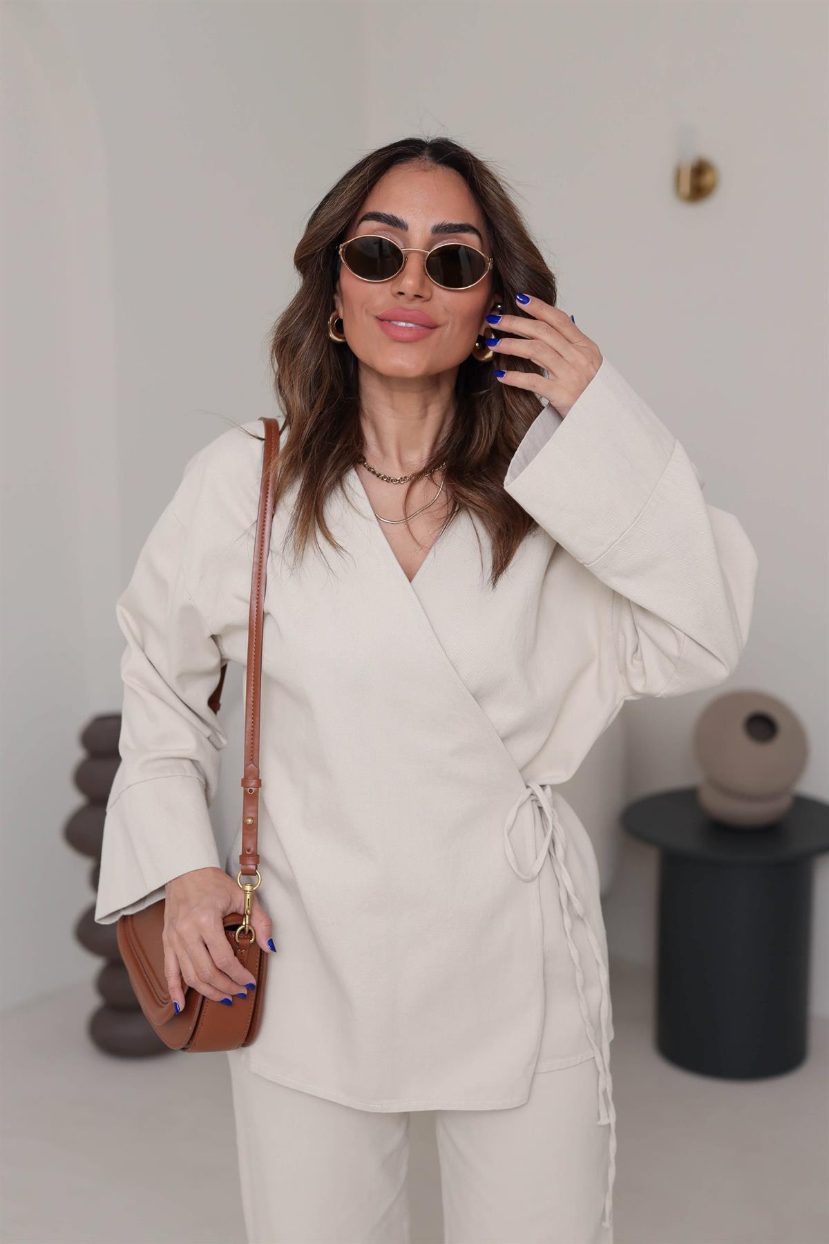 8629 Duble Kol Önden Bağlamalı Ceket & Pantolon Takım TAŞ