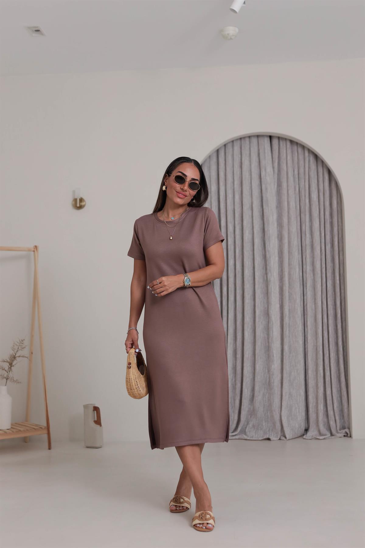 4512 Kısa Kollu Yırtmaçlı Elbise KAHVE