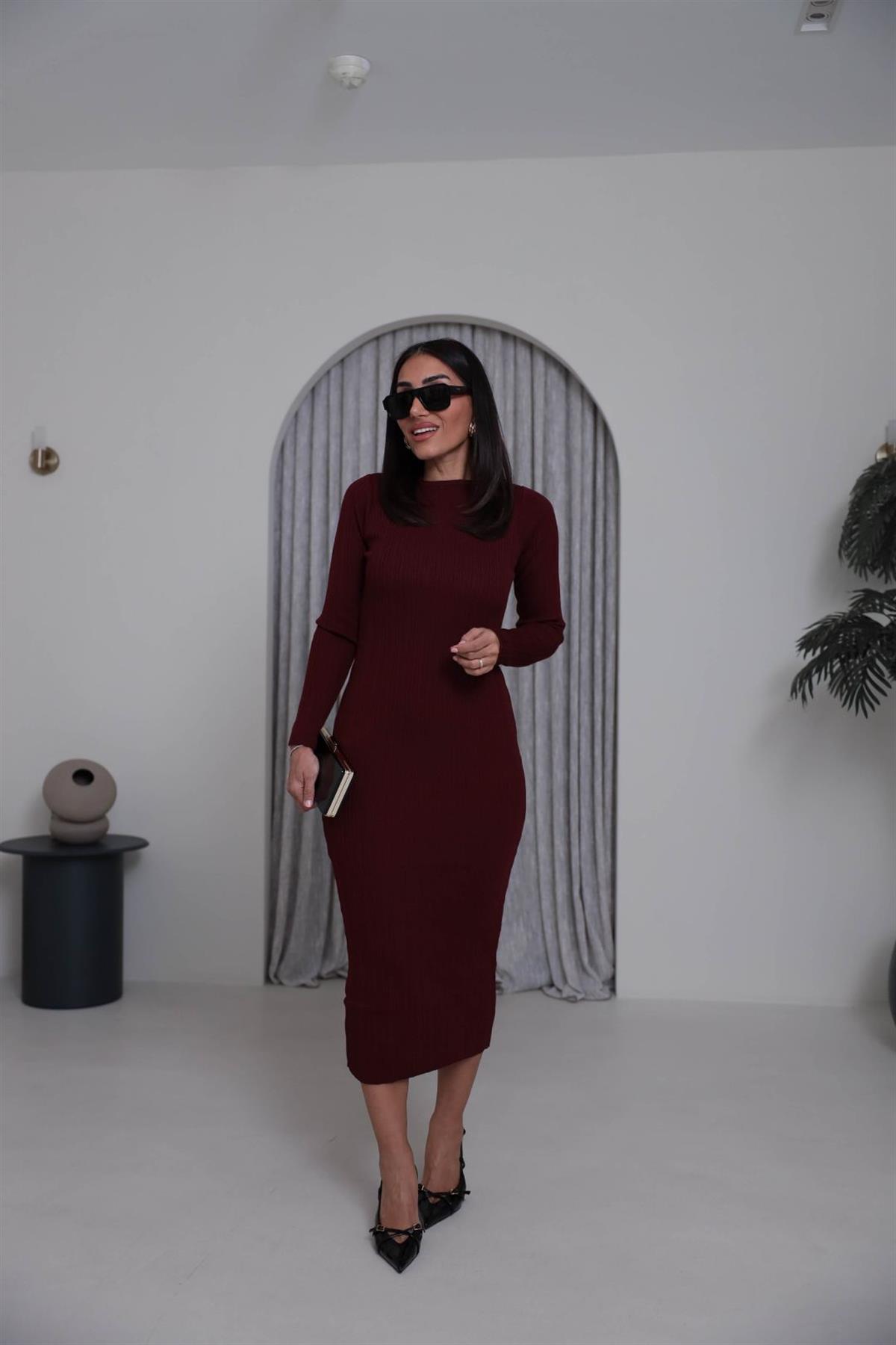 2000 Kayık Yaka Triko Elbise BORDO