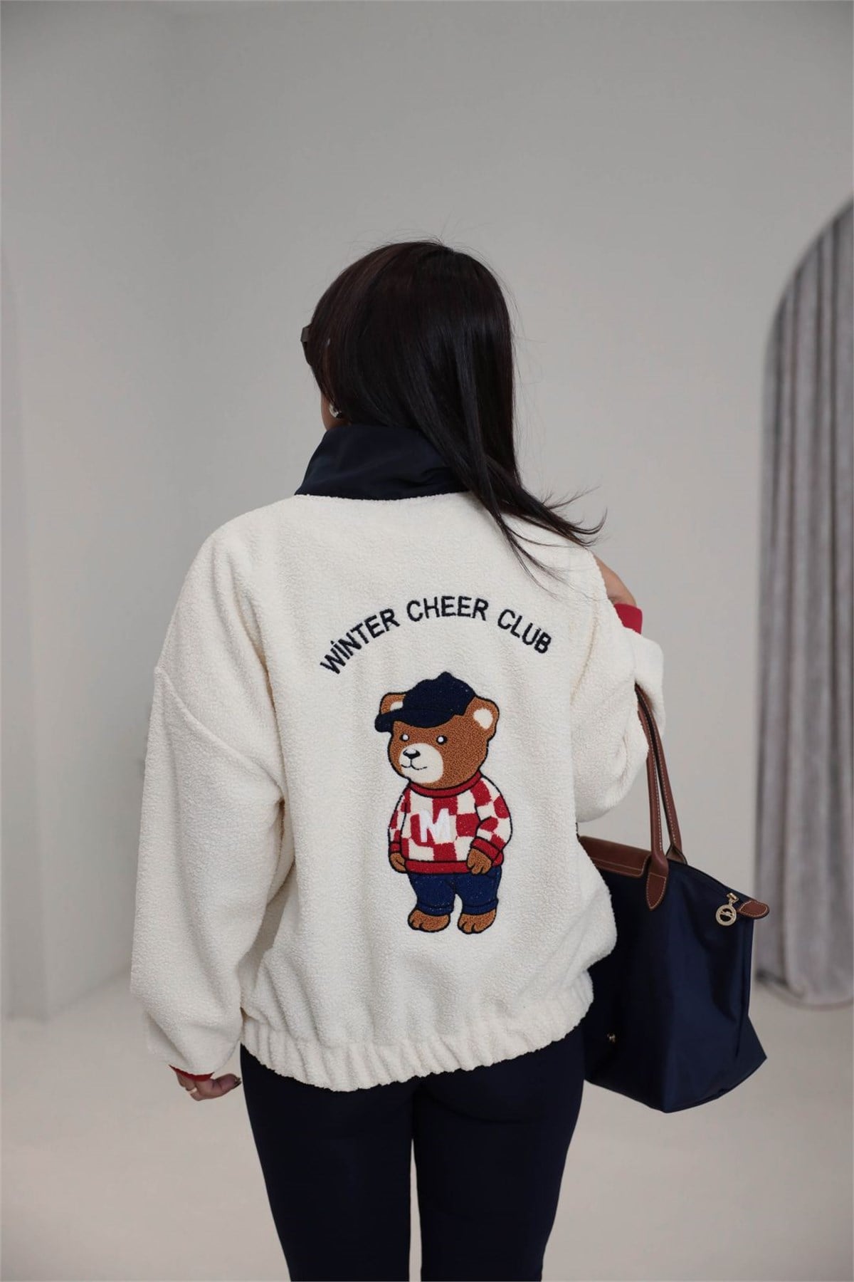 4241 Paraşüt Garnili Cepli Teddy Peluş Sweatshirt BEJ