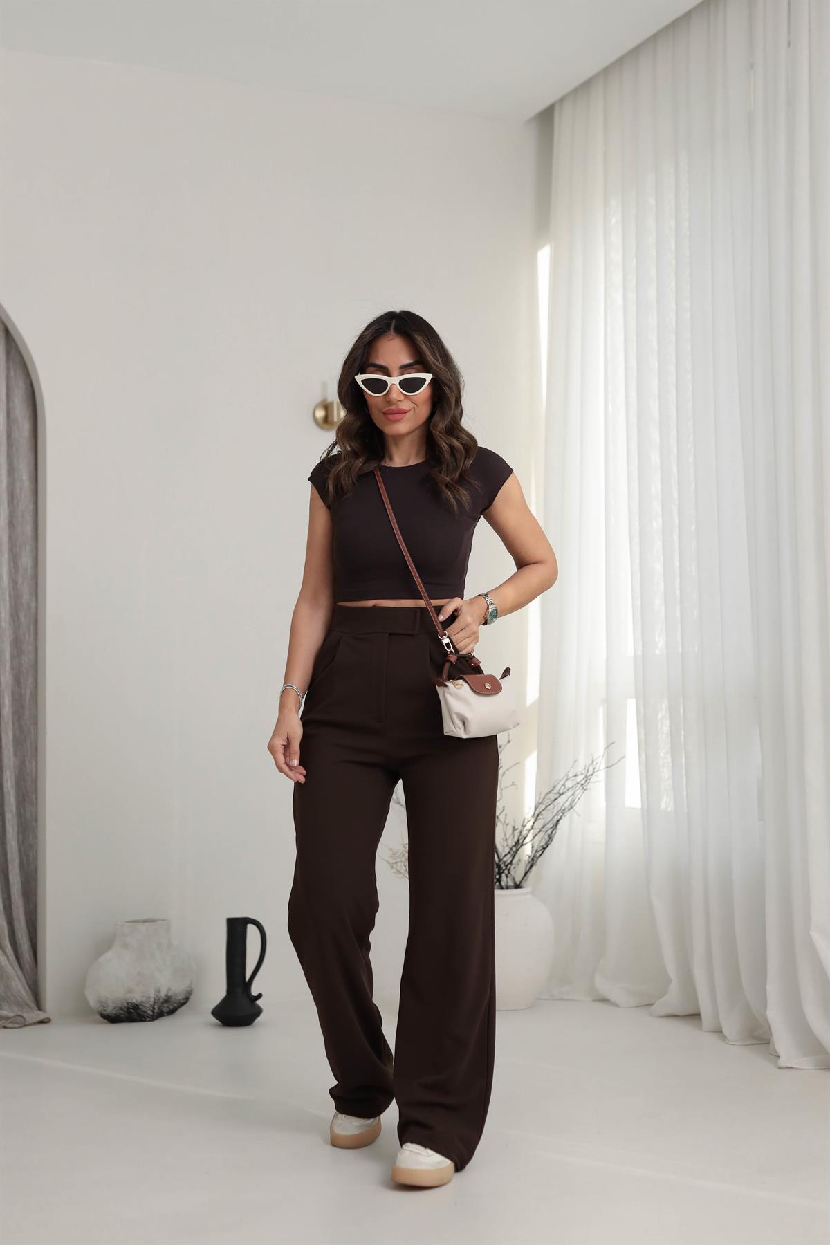 3826 Likralı Cırtlı Palazzo Pantolon KAHVE