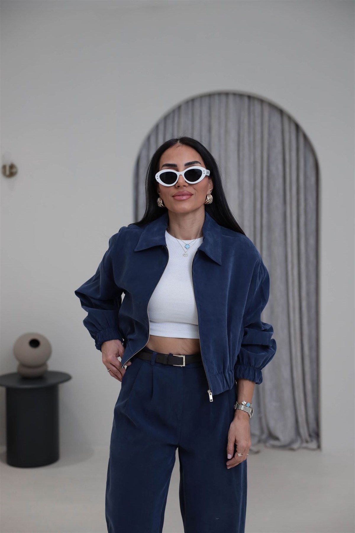 0735 Polo Yaka Bomber Ceketli Tencel Takım LACİVERT