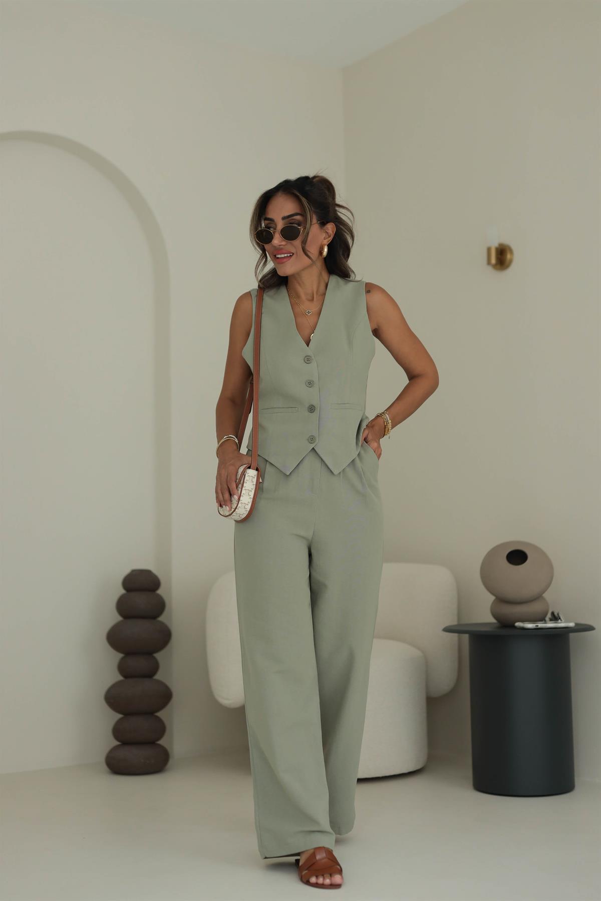 9257 Keten Yelek Pantolon Takım HAKİ YEŞİL