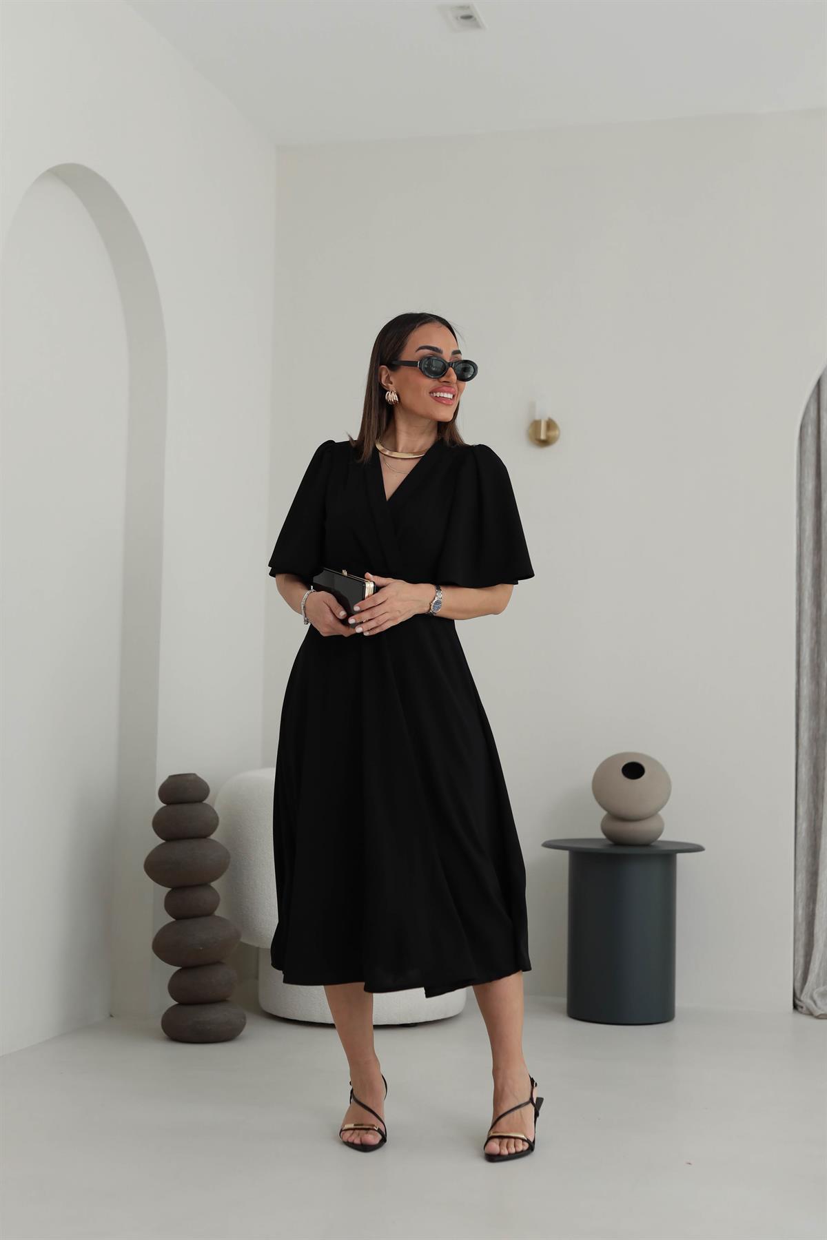 3707 Kol Volanlı Krvaze Yaka Midi Boy Elbise SİYAH