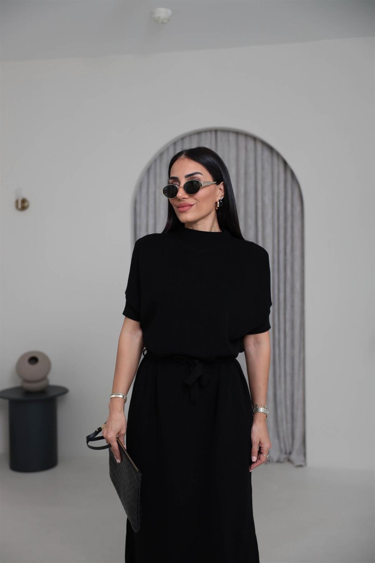 5265 Dik Yaka Kuşaklı Triko Elbise SİYAH