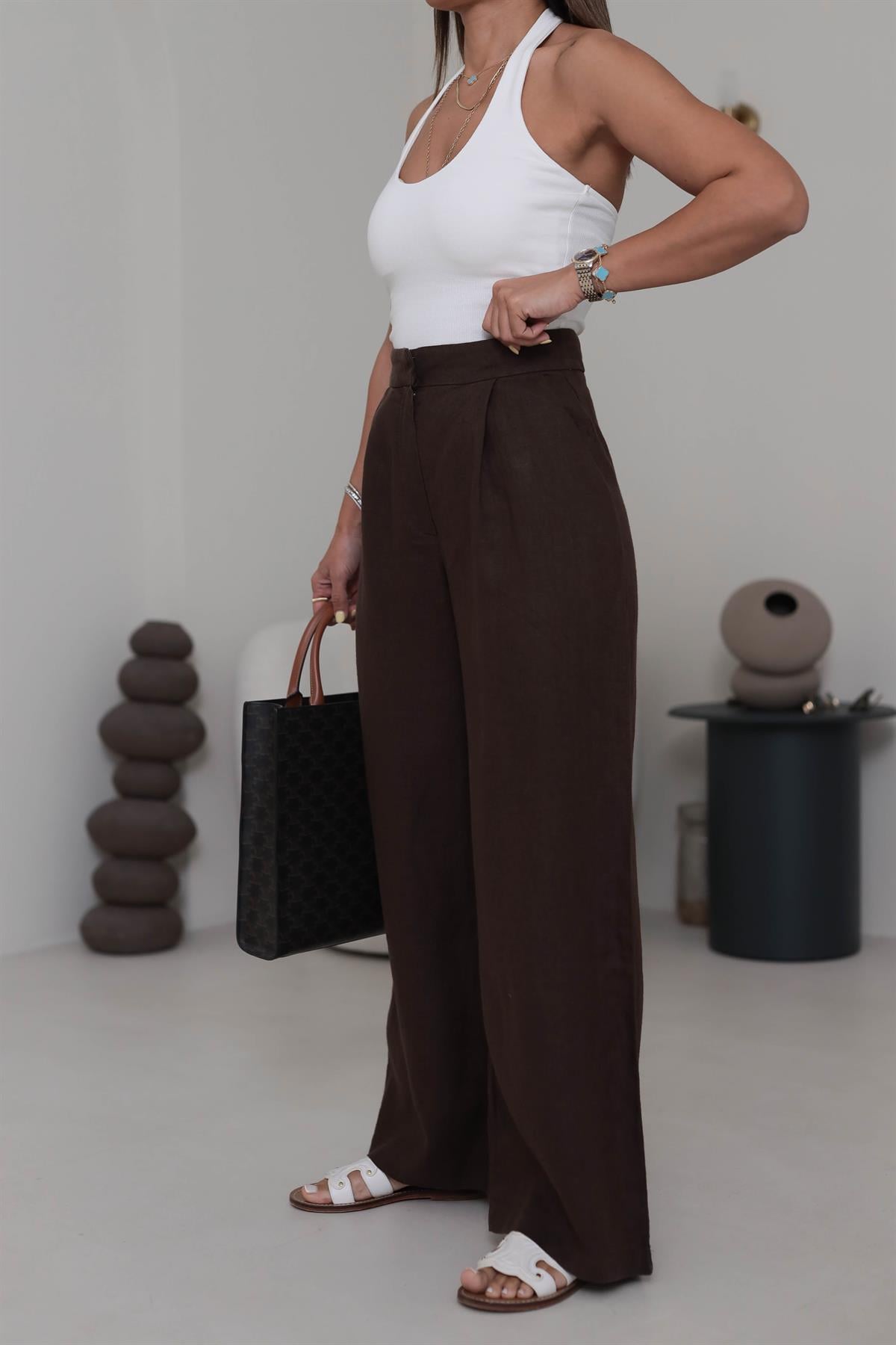 1448 Yüksek Bel Bol Paça Ham Keten Palazzo Pantolon ACI KAHVE