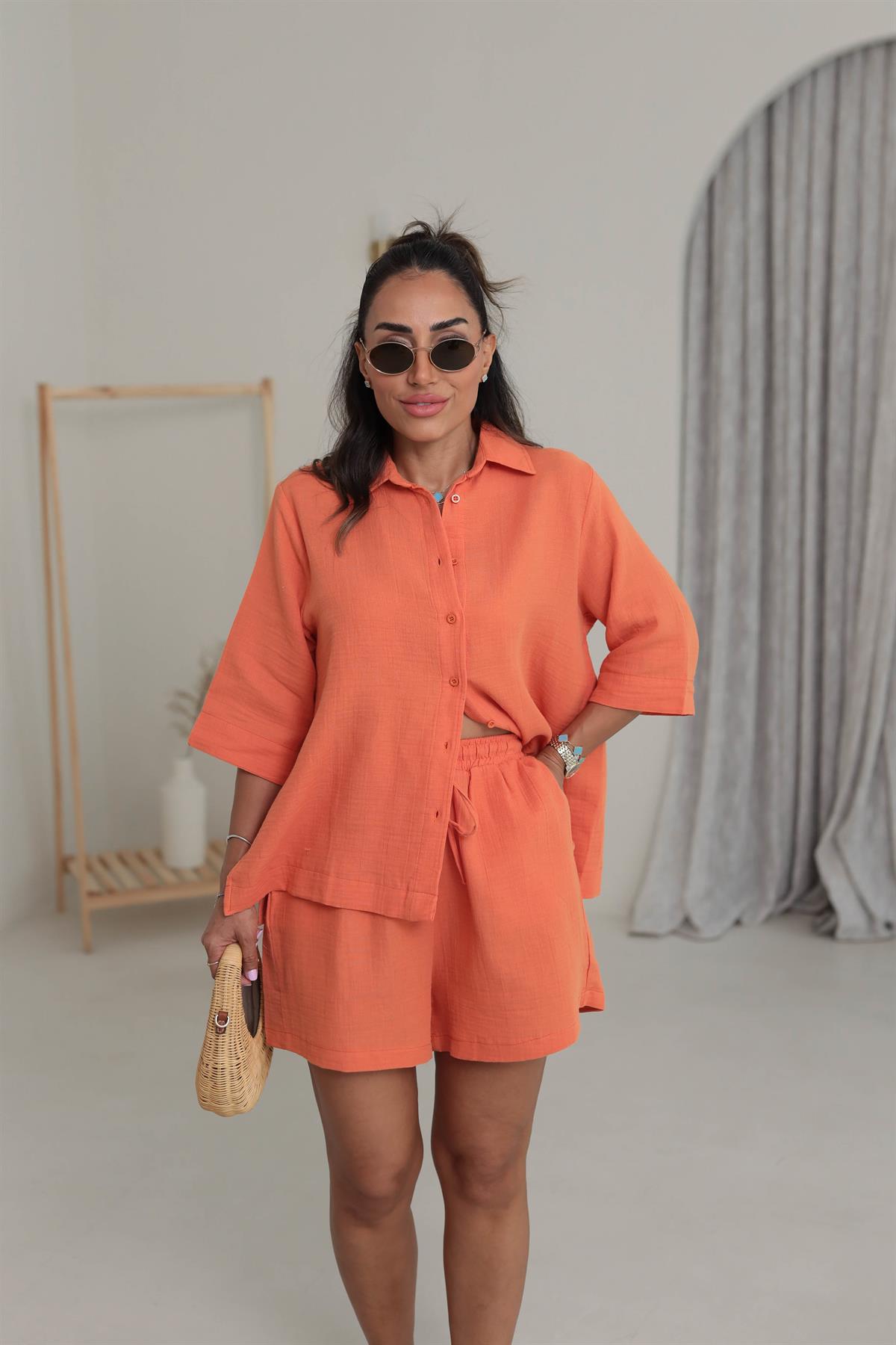 0427 Müslin Kumaş Gömlek Şort Takım TURUNCU