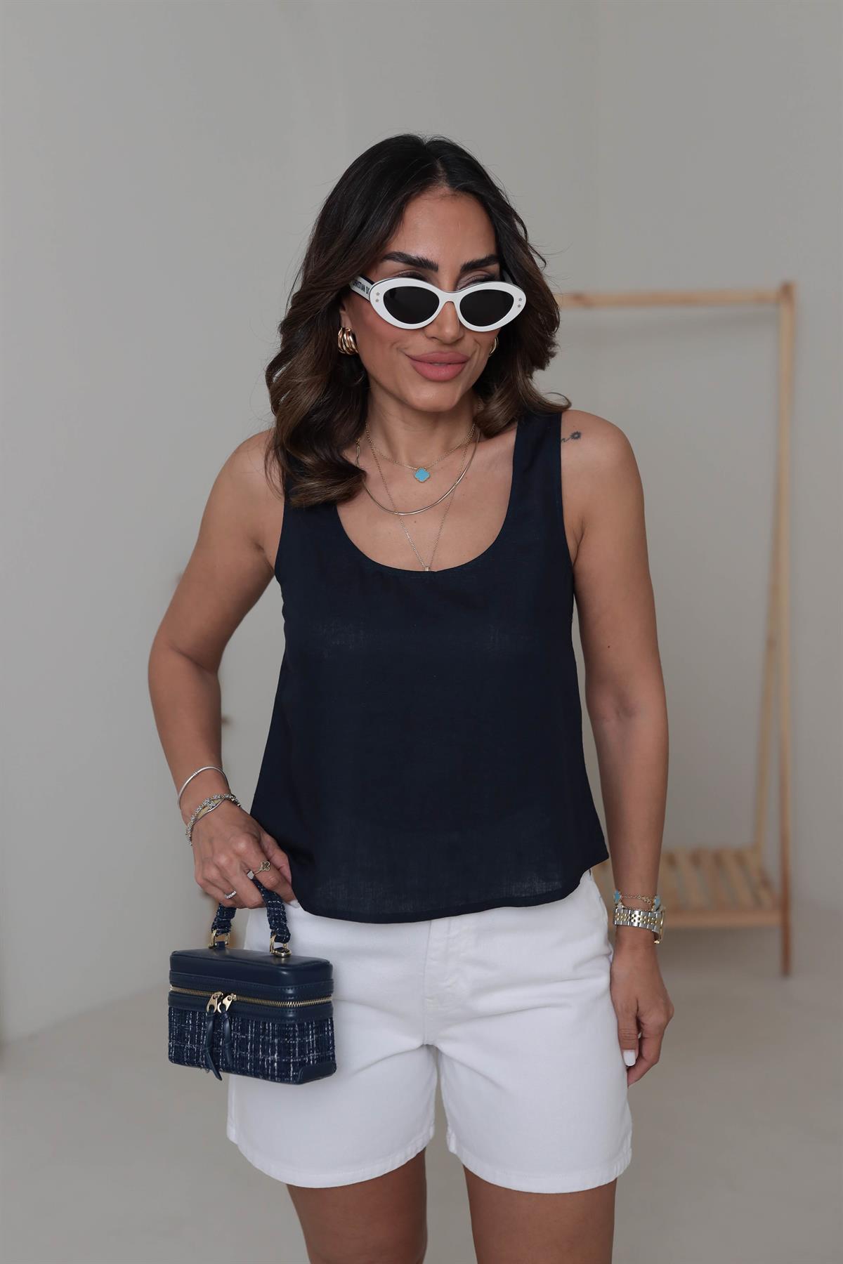 7328 Kalın Askılı Dökümlü Keten Atlet LACİVERT