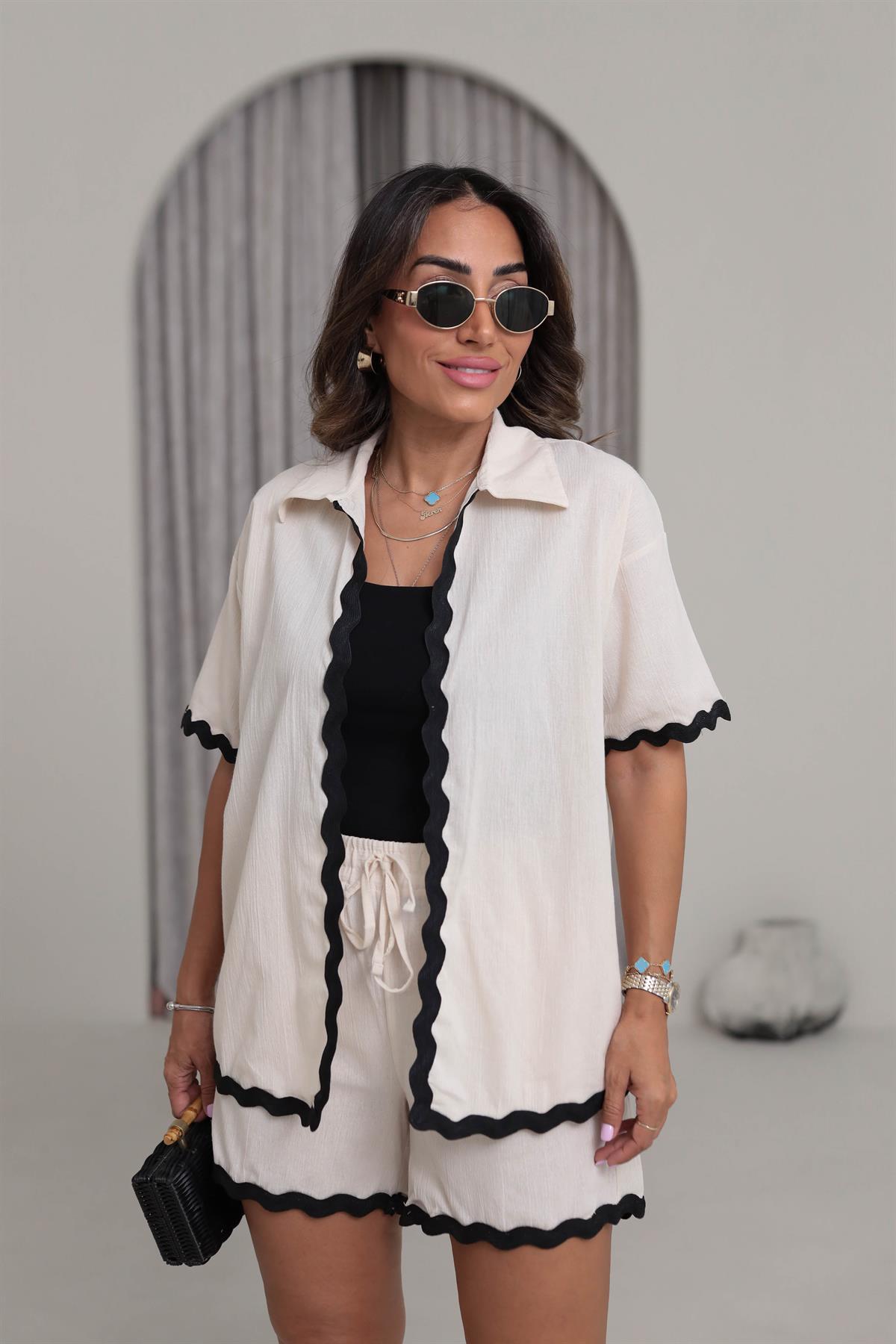 1182 Kontrast Dalga Nakışlı Keten Kimono Şort Takım NATURAL