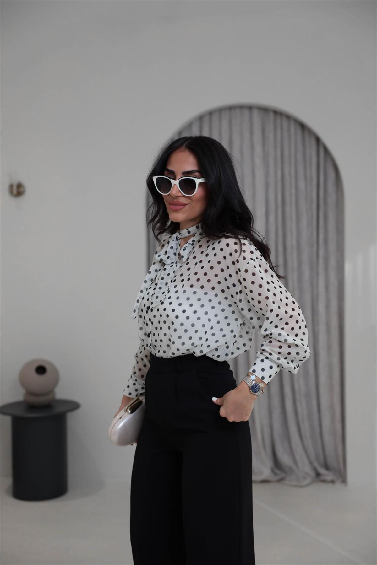 4130 Fular Detay Puantiyeli Şifon Gömlek EKRU