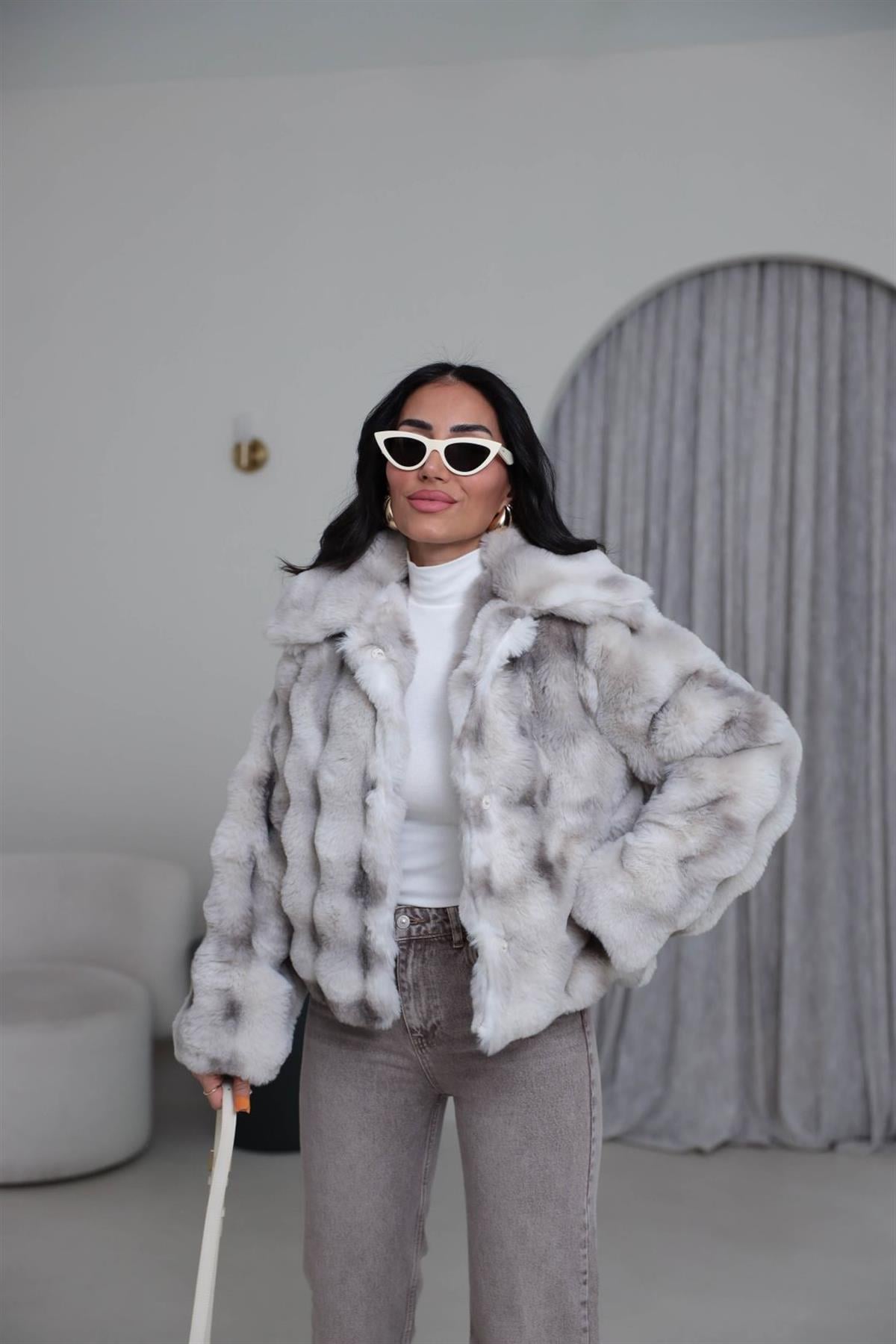 1297 Yakalı Çıtçıtlı Yumoş Kürk AÇIK GRİ