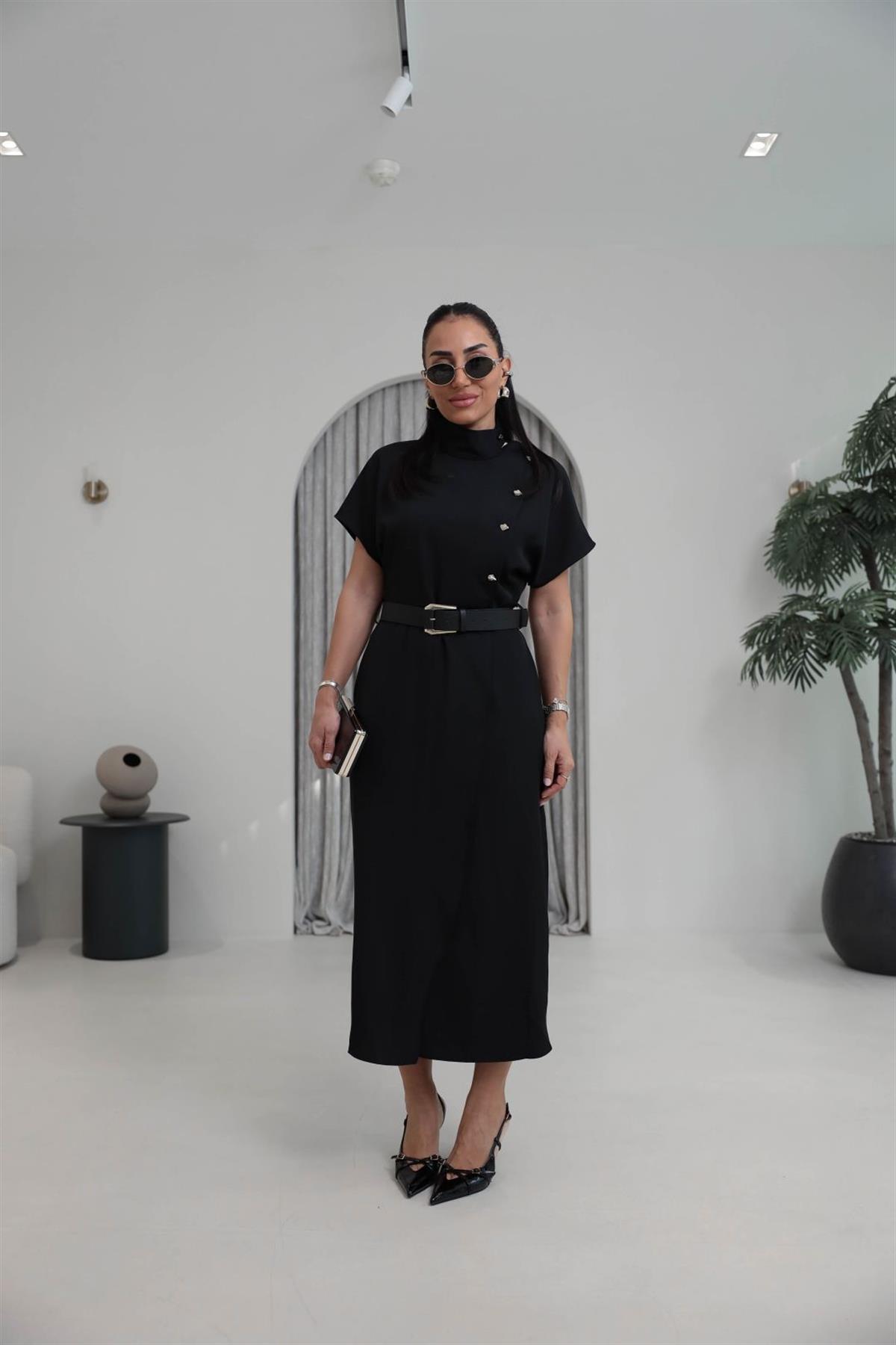 7045 Hakim Yaka Düğme Ve Kemerli Linda Elbise SİYAH