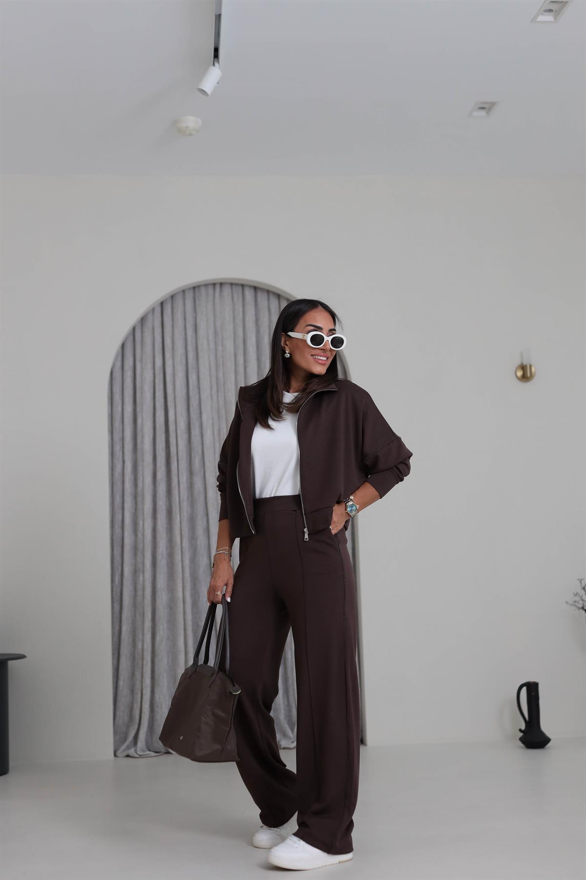 2378 Ceketi Fermuarlı Zincir Detay Modal Takım KAHVE