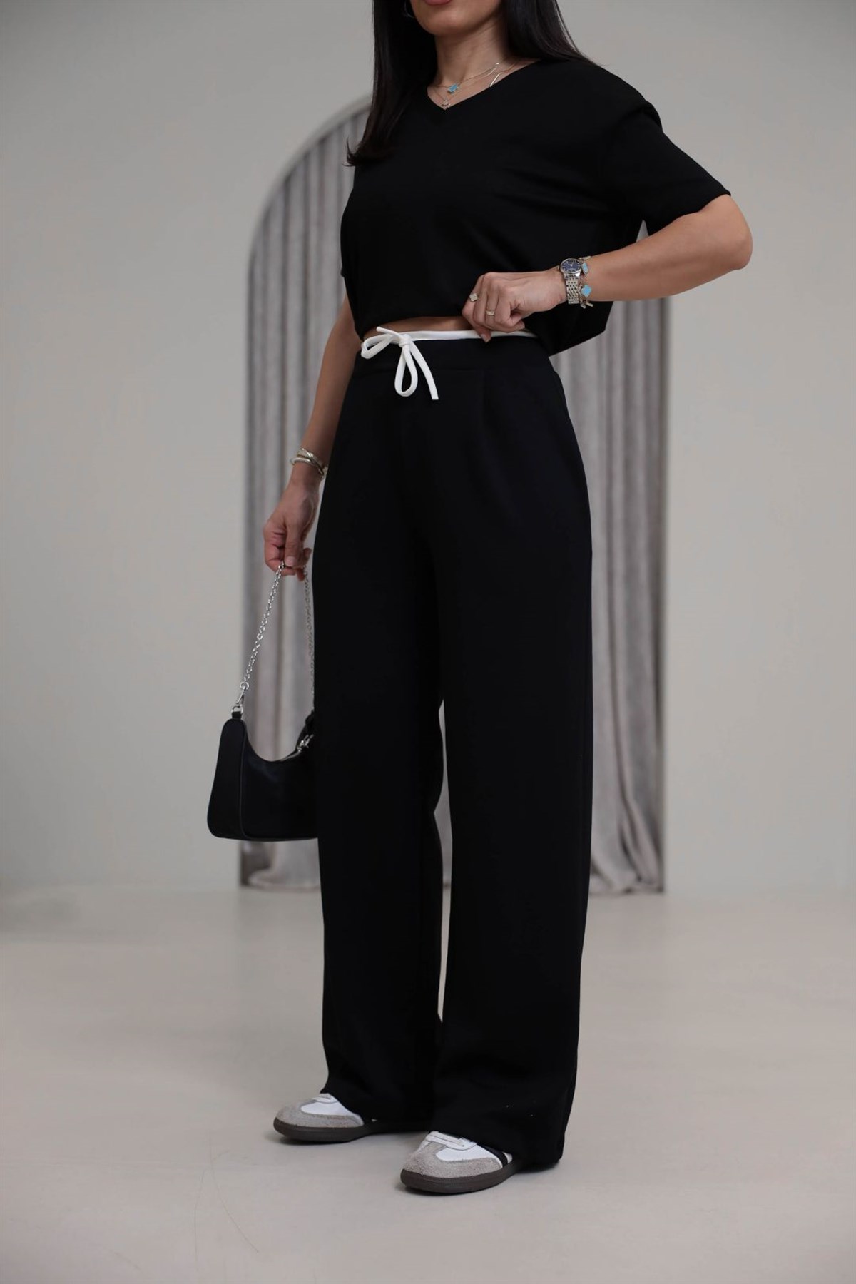 1538 Çift Renkli Bağcıklı Modal Pantolon SİYAH