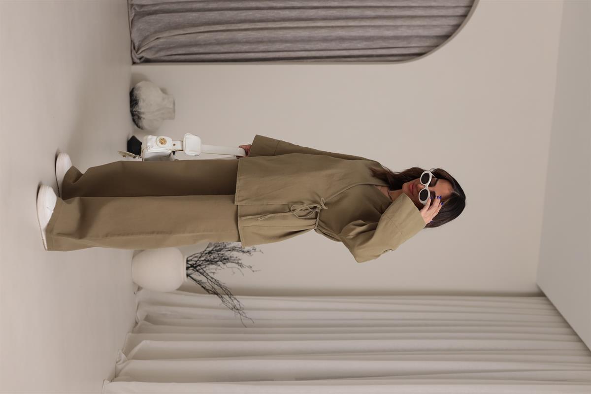 8629 Duble Kol Önden Bağlamalı Ceket & Pantolon Takım HAKİ YEŞİL