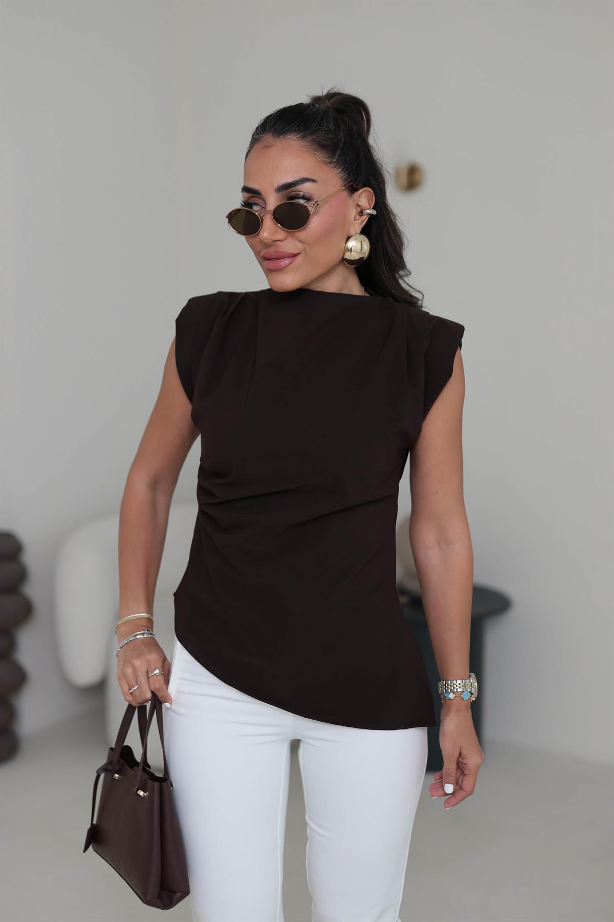 9730 Drapeli Asimetrik Vatkalı Bluz ACI KAHVE