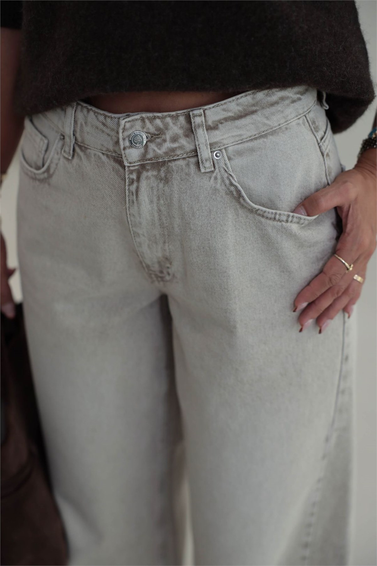 1020 Renk Yıkama Detaylı Wide Leg Denim Pantolon BEJ