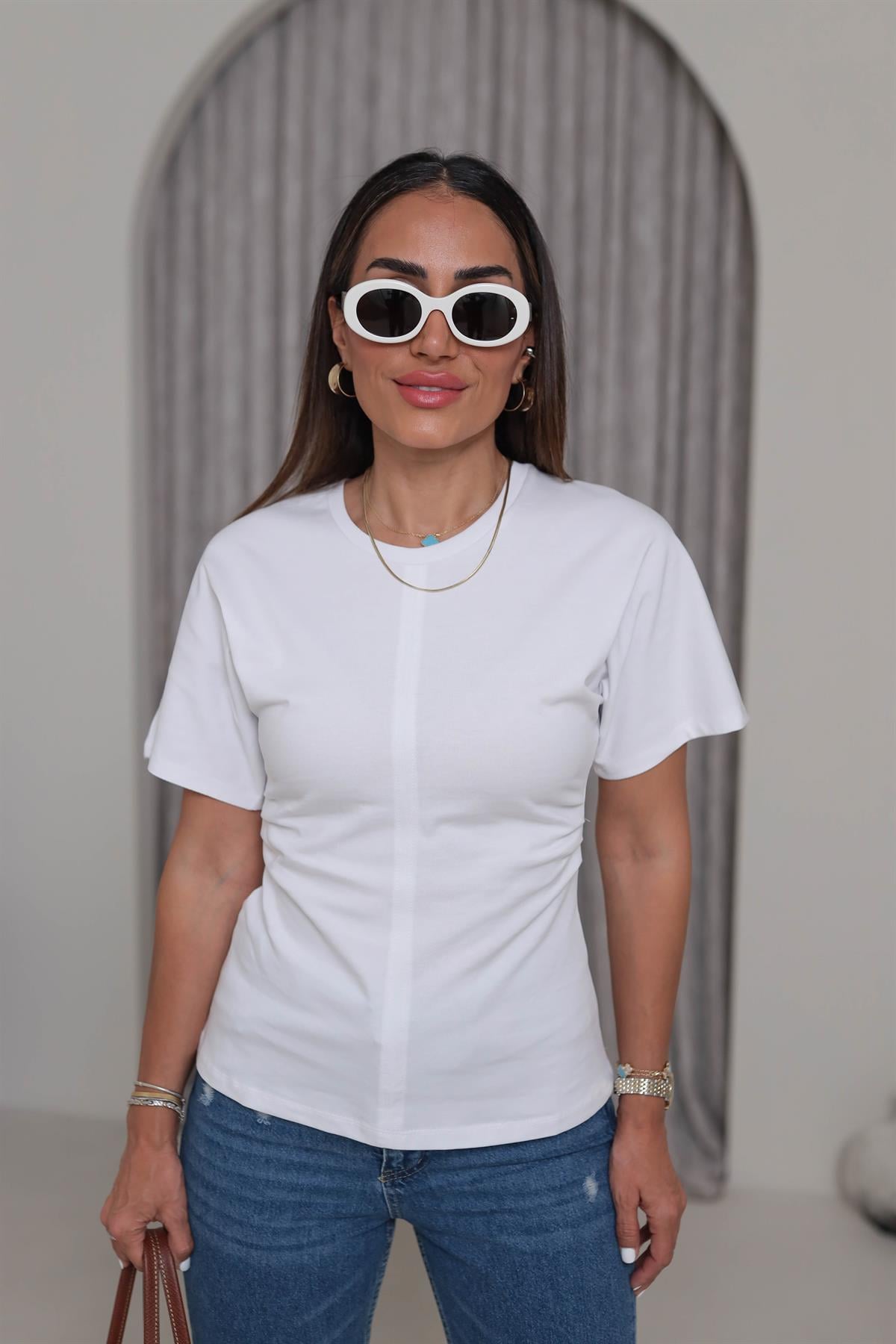 1585 Drape Detay Pamuklu Tshirt BEYAZ