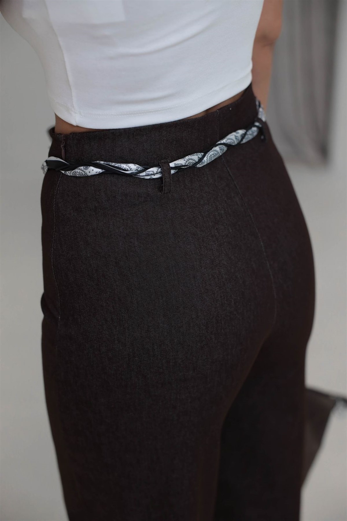 1770 Fularlı Full Likralı Bol Kalıp Pantolon KAHVE