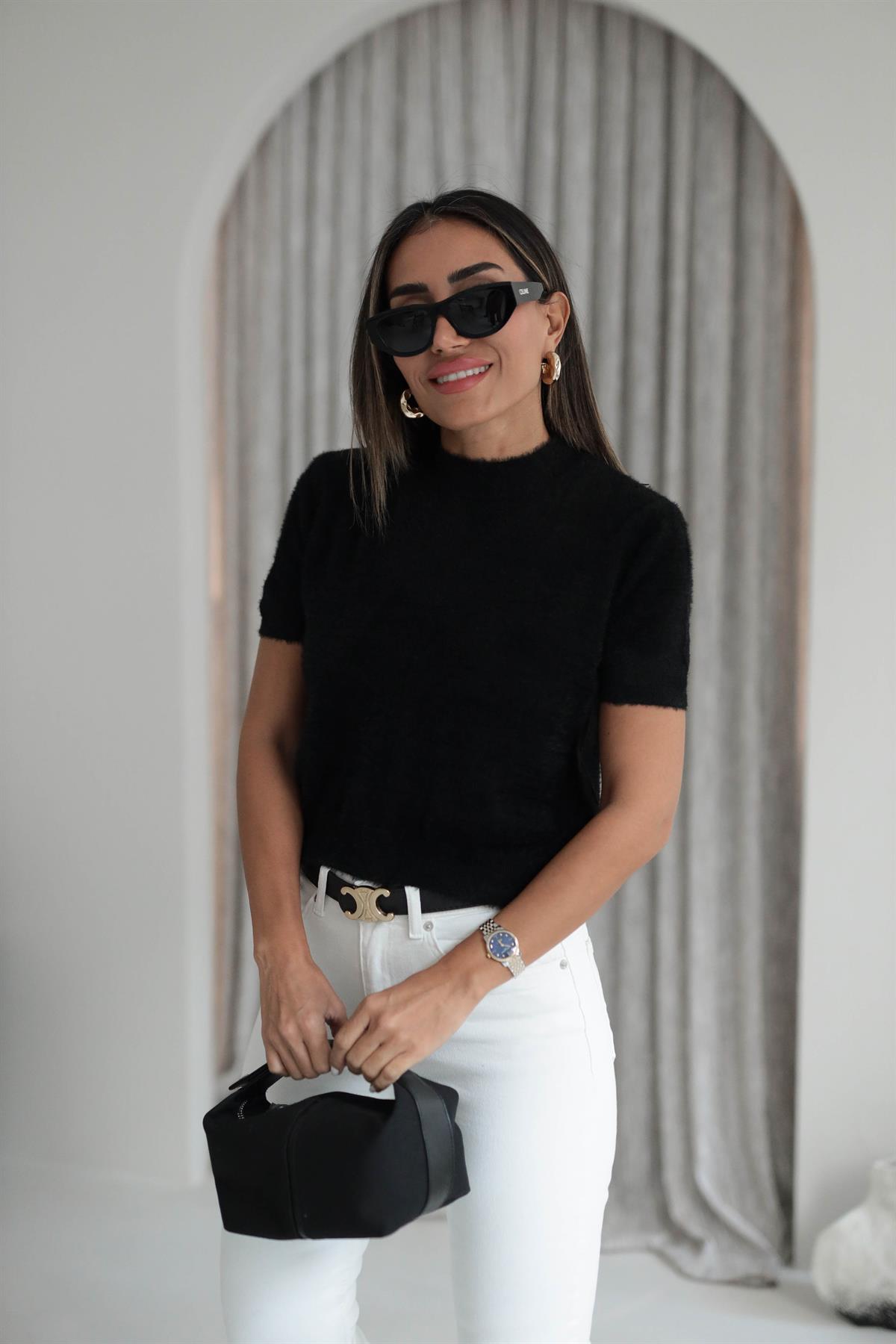 0706 Bisiklet Yaka Kısa Kol Yumoş Bluz SİYAH