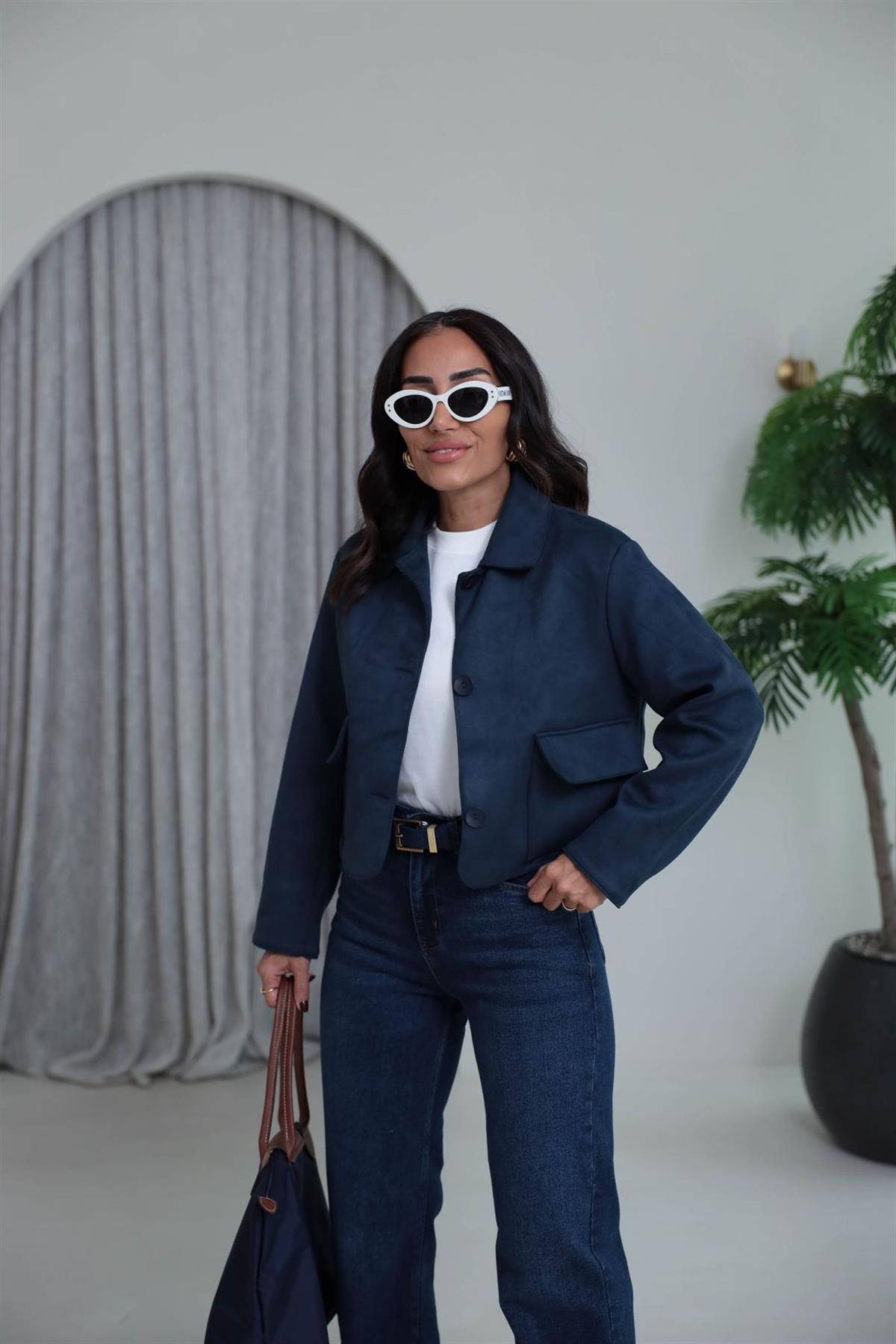 0208  Cep Detaylı Kısa Süet Ceket LACİVERT